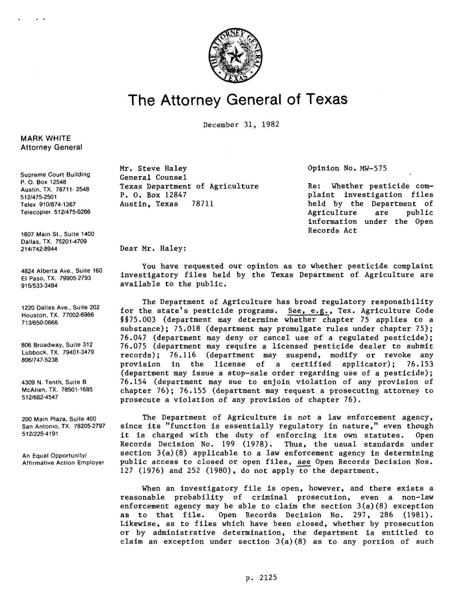 Texas Attorney General Opinion MW575 The Portal to Texas History