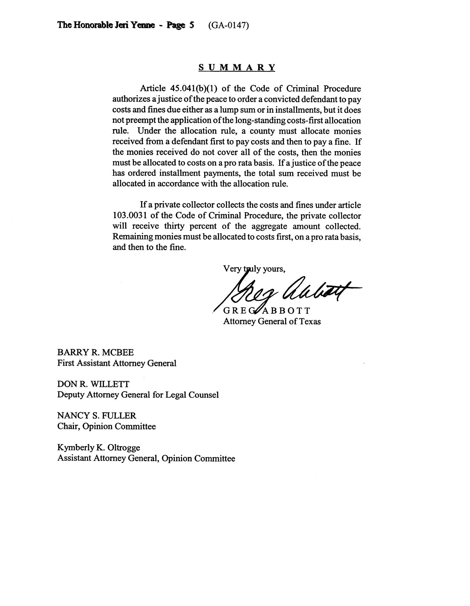Texas Attorney General Opinion GA0147 Page 5 of 5 The Portal to