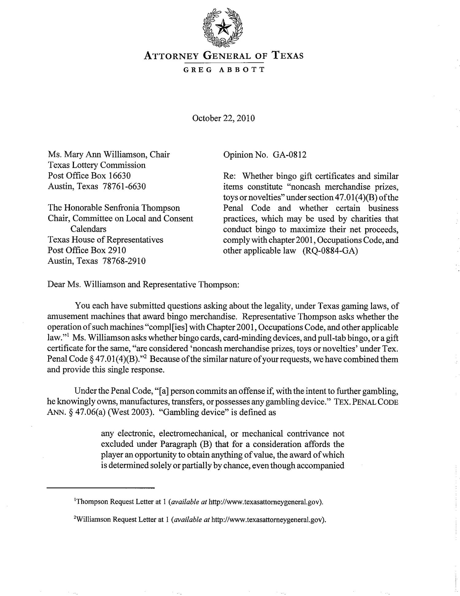 Texas Attorney General Opinion GA0812 The Portal to Texas History