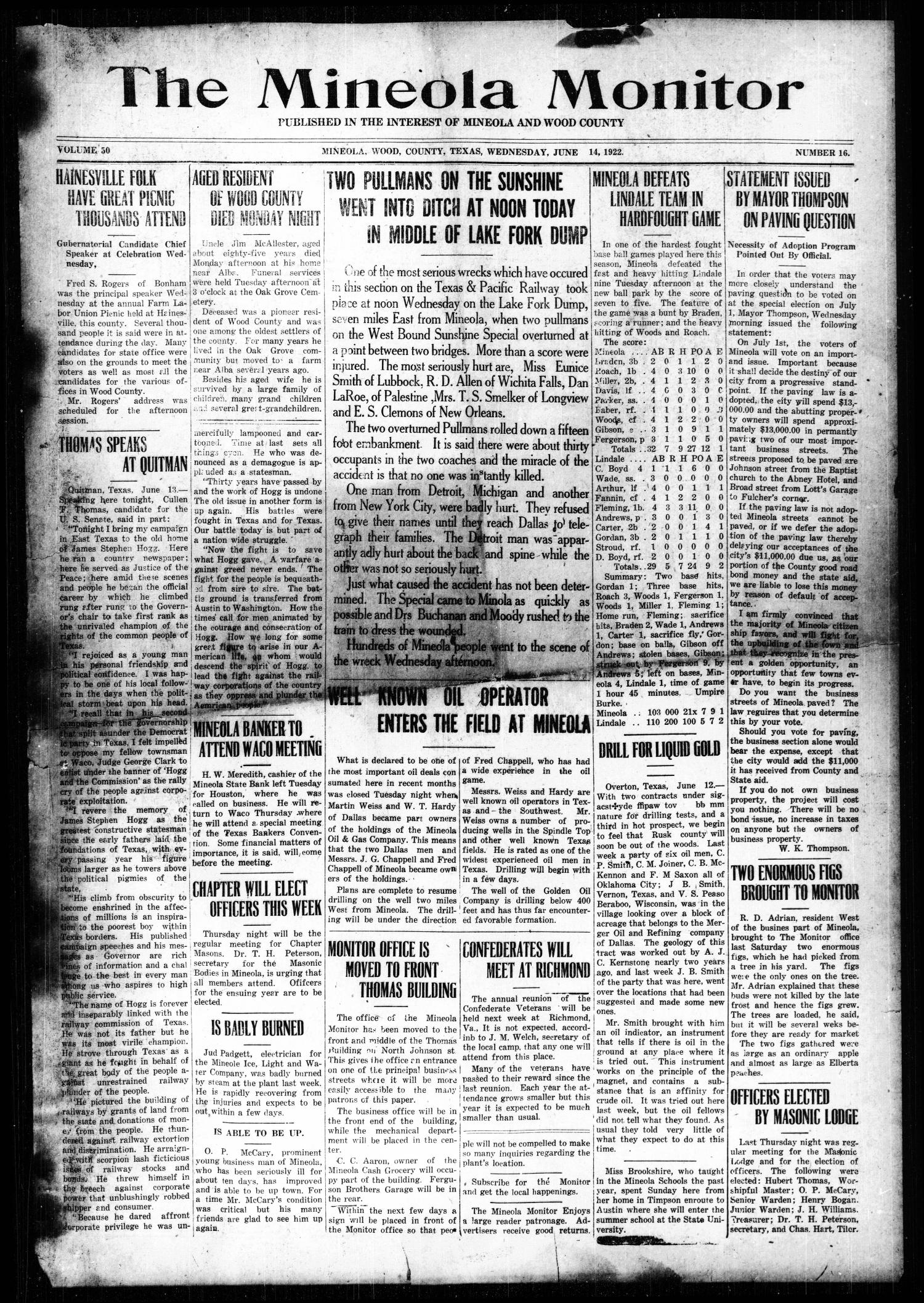 The Mineola Monitor (Mineola, Tex.), Vol. 50, No. 16, Ed. 1 Wednesday, June 14, 1922 The