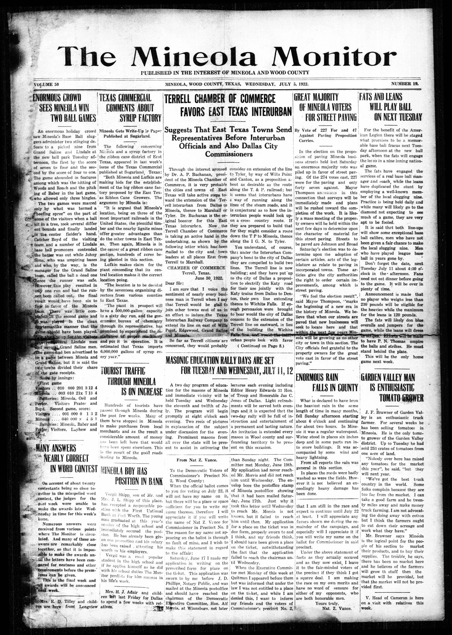The Mineola Monitor (Mineola, Tex.), Vol. 50, No. 19, Ed. 1 Wednesday