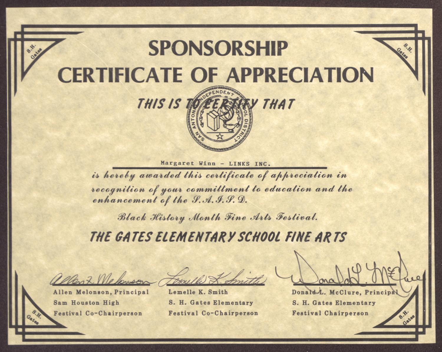 [Links Chapter Documentation Sponsorship Certificate of Appreciation