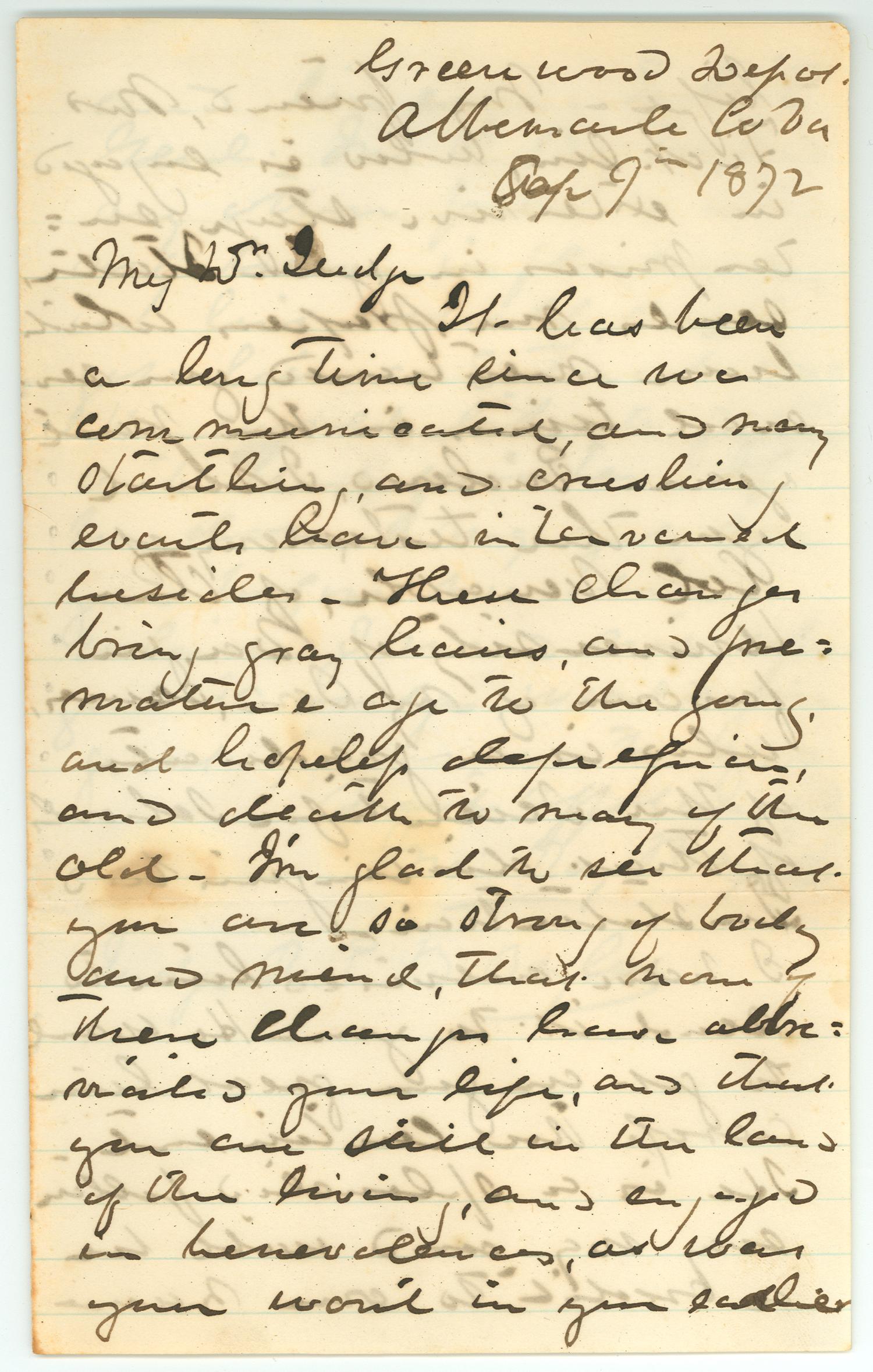 [Letter to R.E.B. Baylor from Jonathan Ray Baylor, September 9, 1872