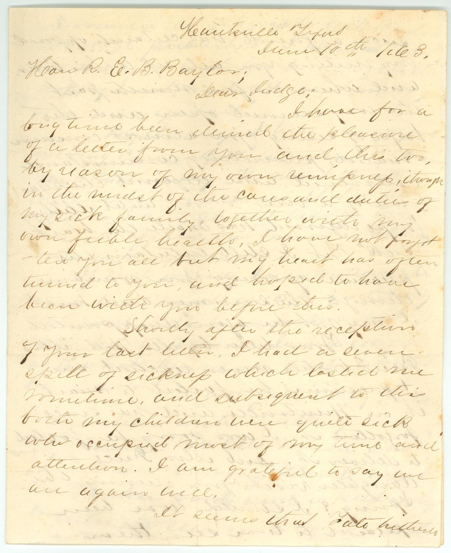 [Letter to R.E.B. Baylor from Lavinia Abercrombie, June 10, 1863] The