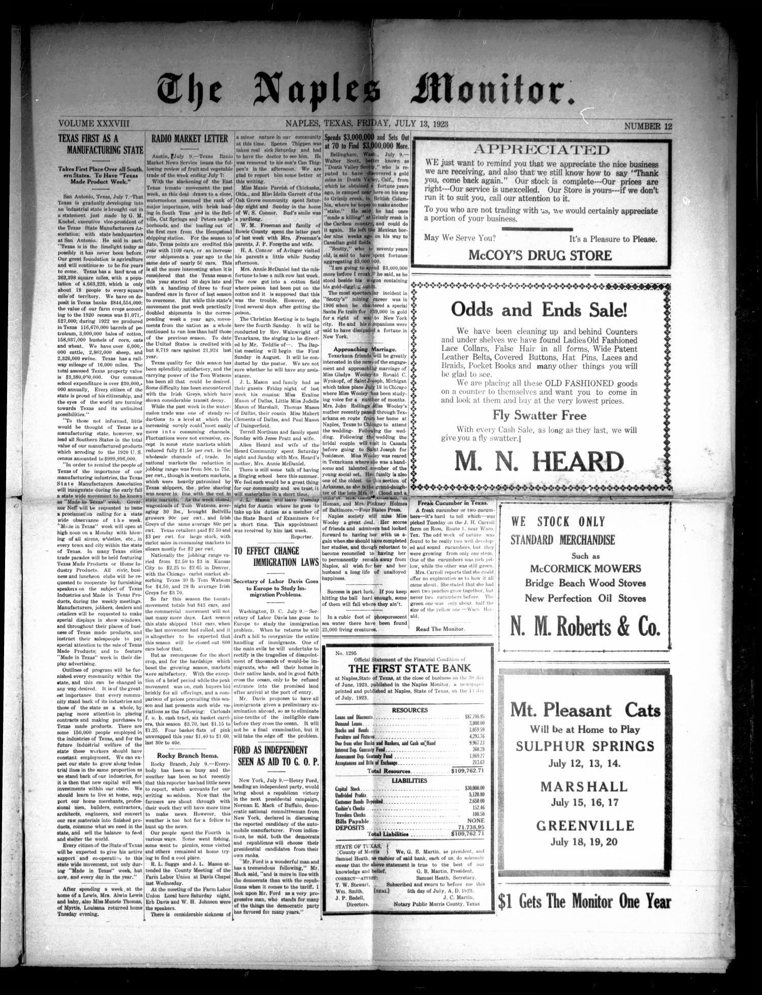 The Naples Monitor (Naples, Tex.), Vol. 38, No. 12, Ed. 1 Friday, July