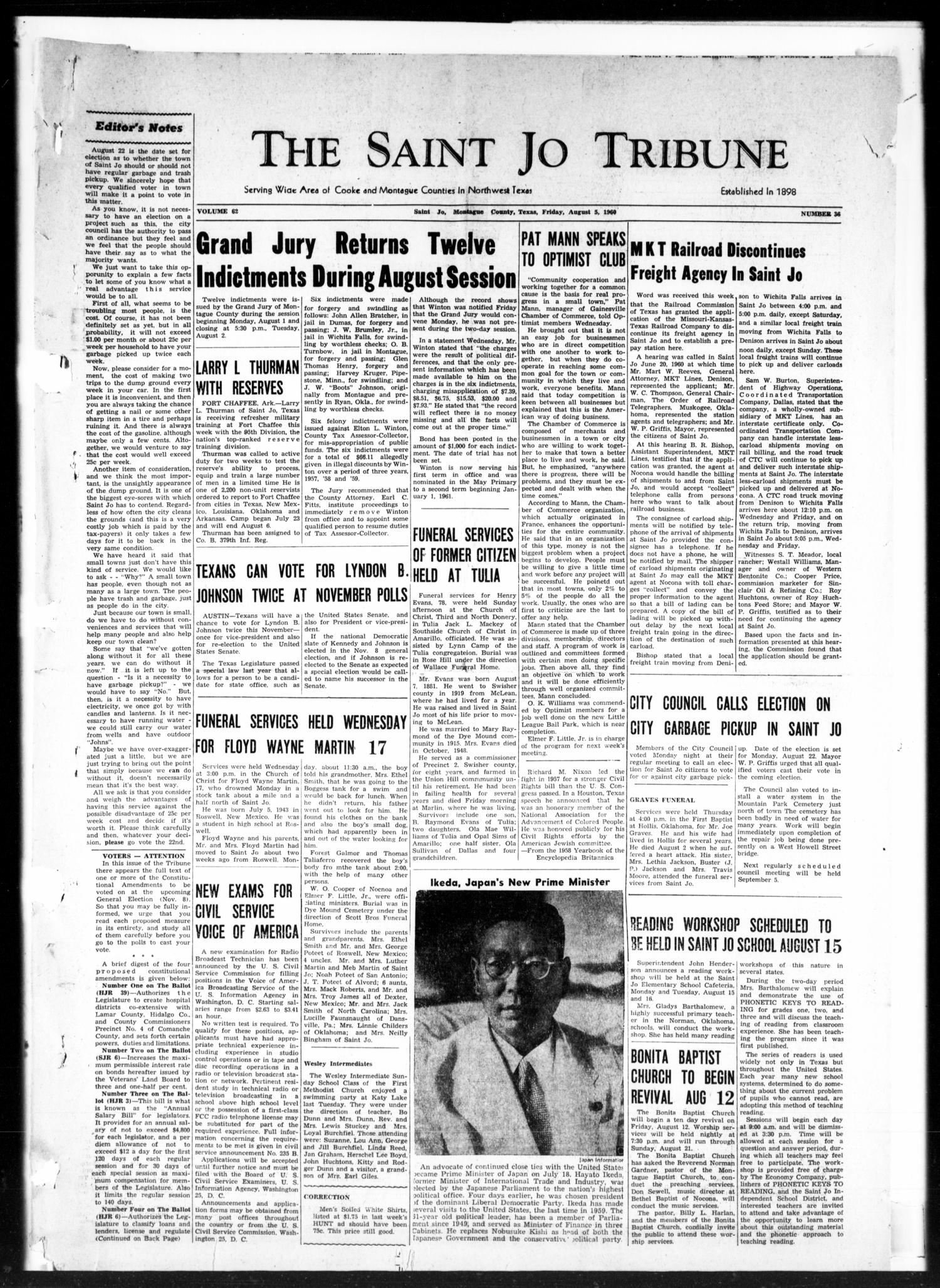 The Saint Jo Tribune (Saint Jo, Tex.), Vol. 62, No. 36, Ed. 1 Friday, August 5, 1960 The