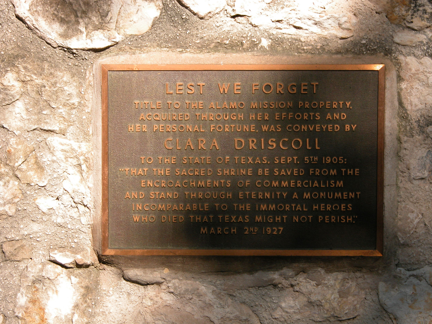 Clara Driscoll plaque at the Alamo The Portal to Texas History