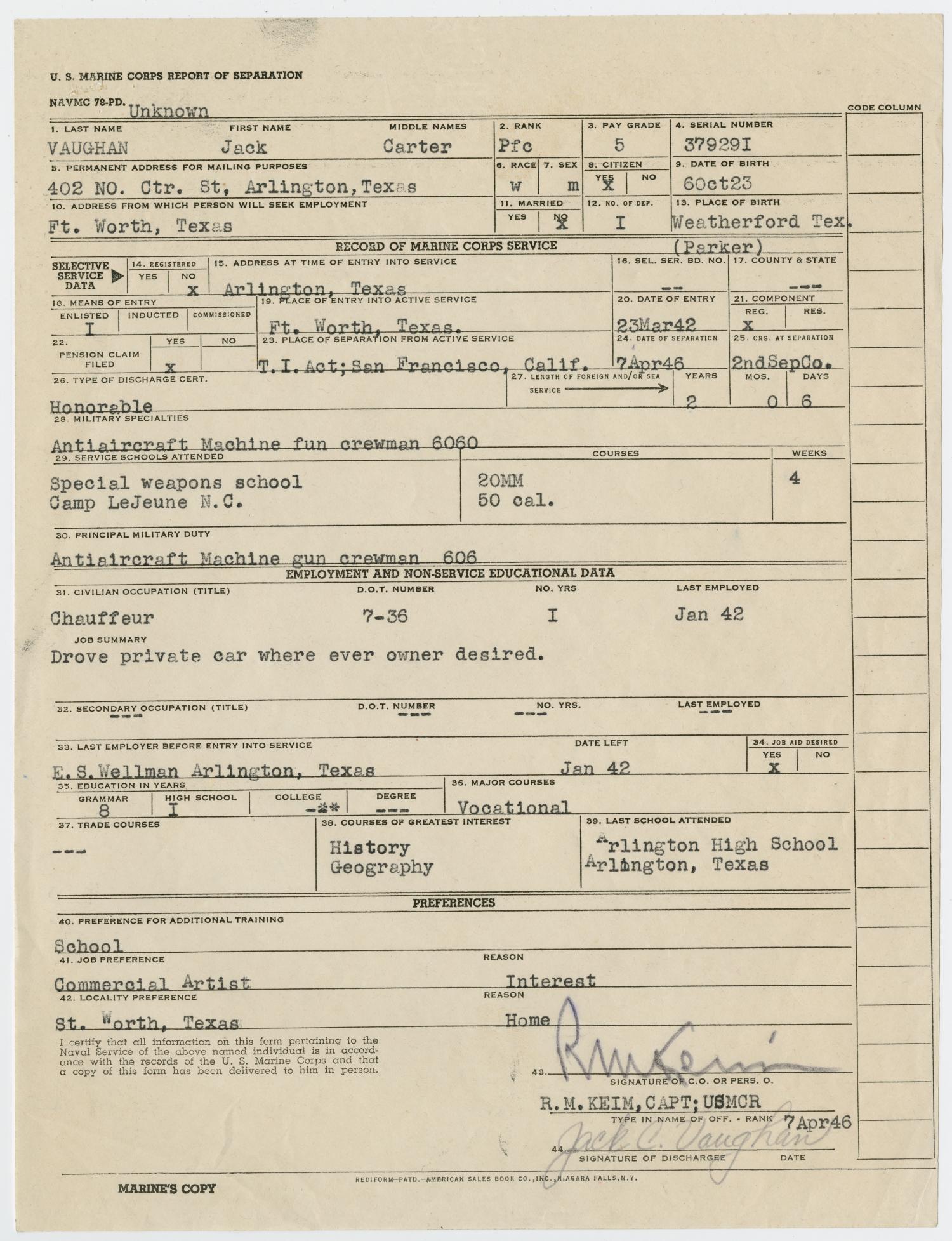 [Notice of Separation for Jack Vaughan] The Portal to Texas History