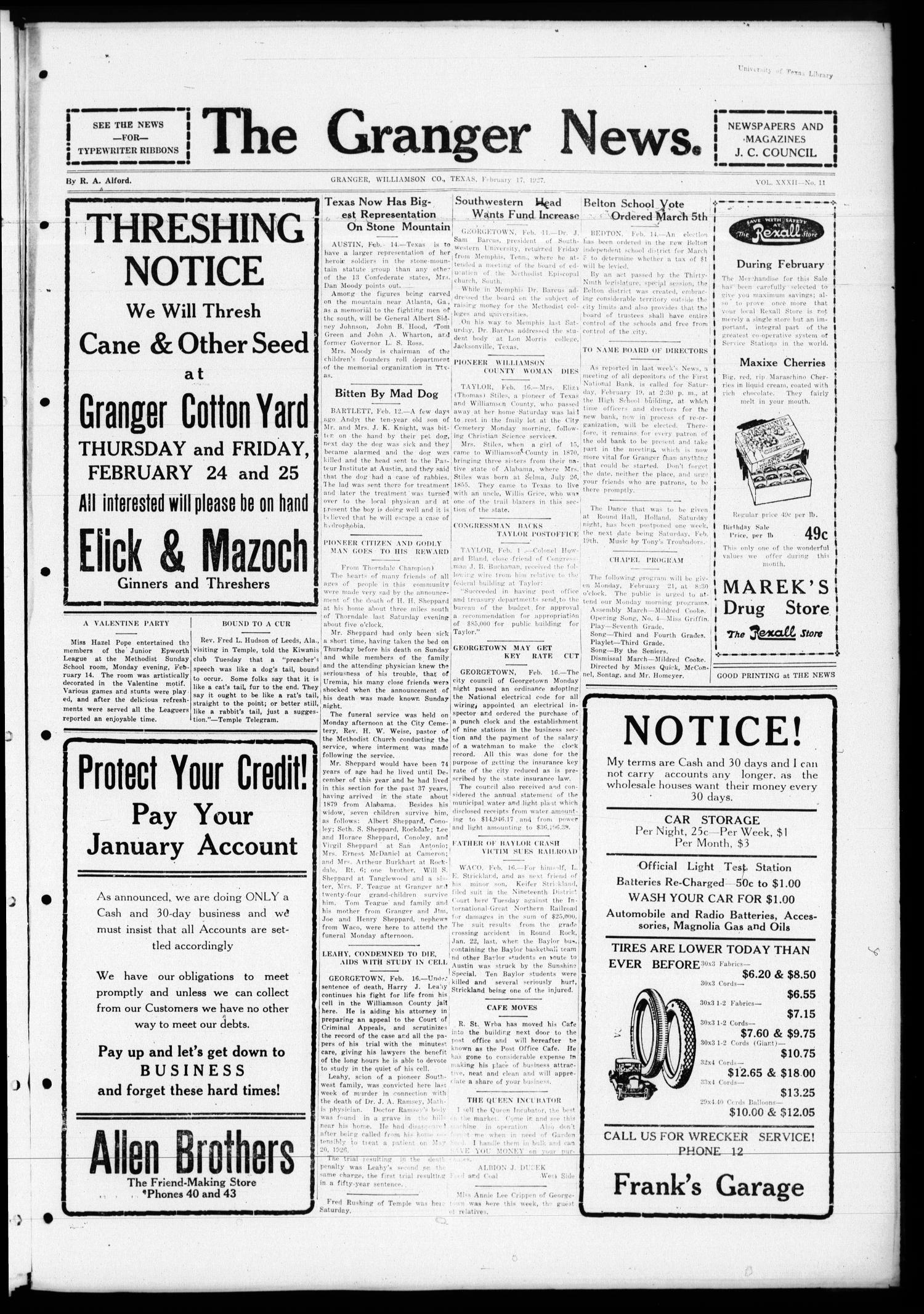 The Granger News. (Granger, Tex.), Vol. 32, No. 11, Ed. 1 Thursday