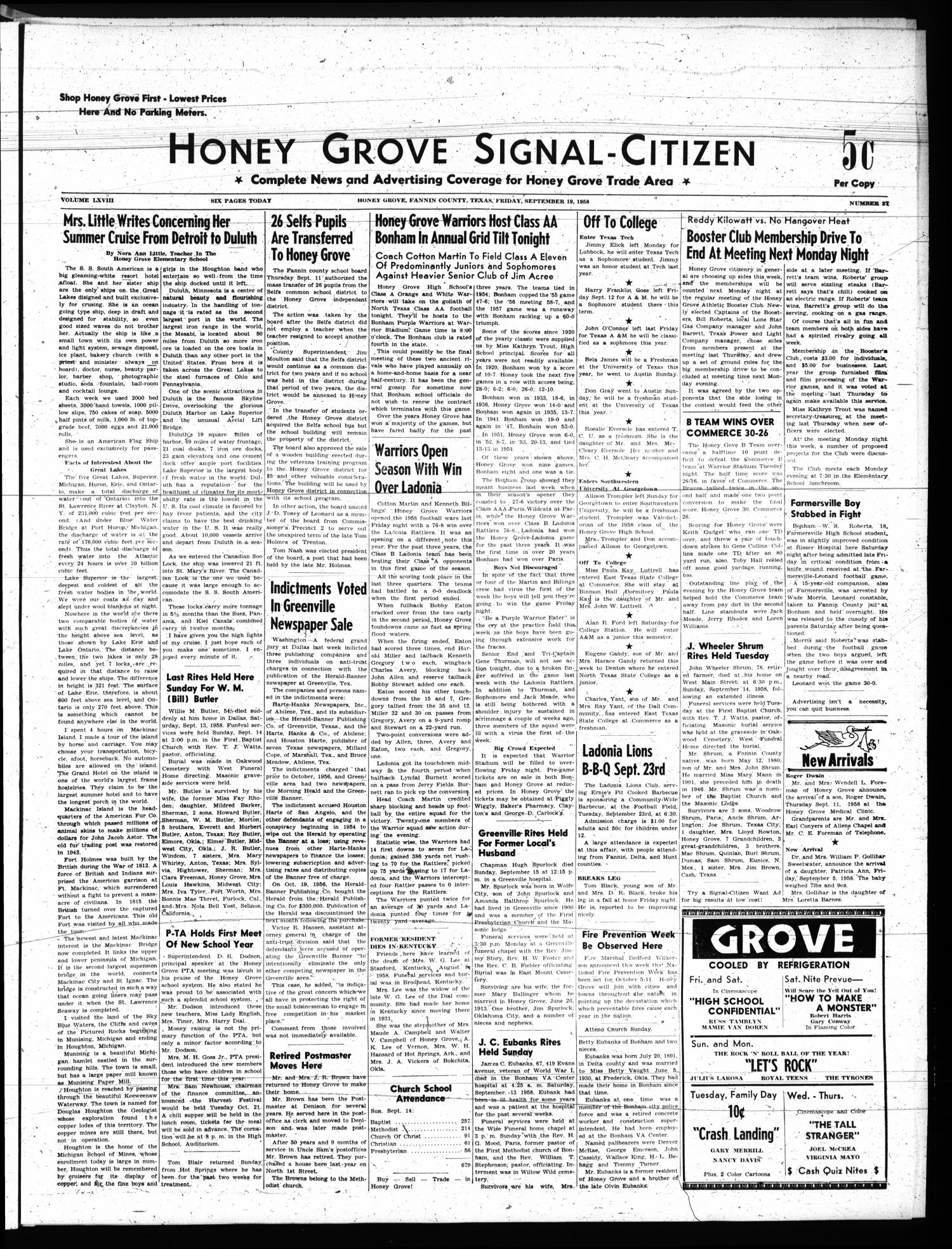 Honey Grove SignalCitizen (Honey Grove, Tex.), Vol. 68, No. 37, Ed. 1