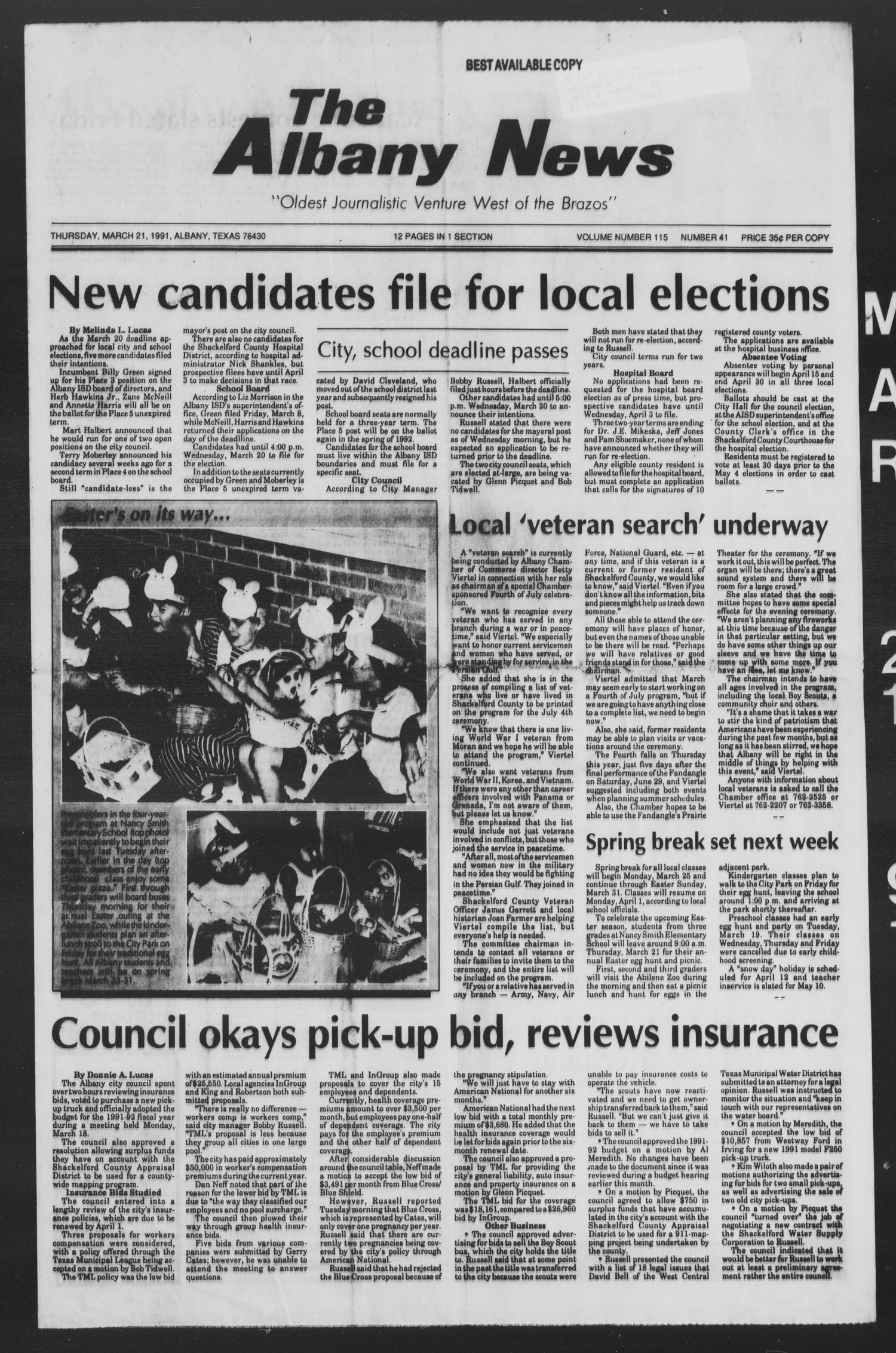 The Albany News (Albany, Tex.), Vol. 115, No. 41, Ed. 1 Thursday, March 21, 1991 The Portal to
