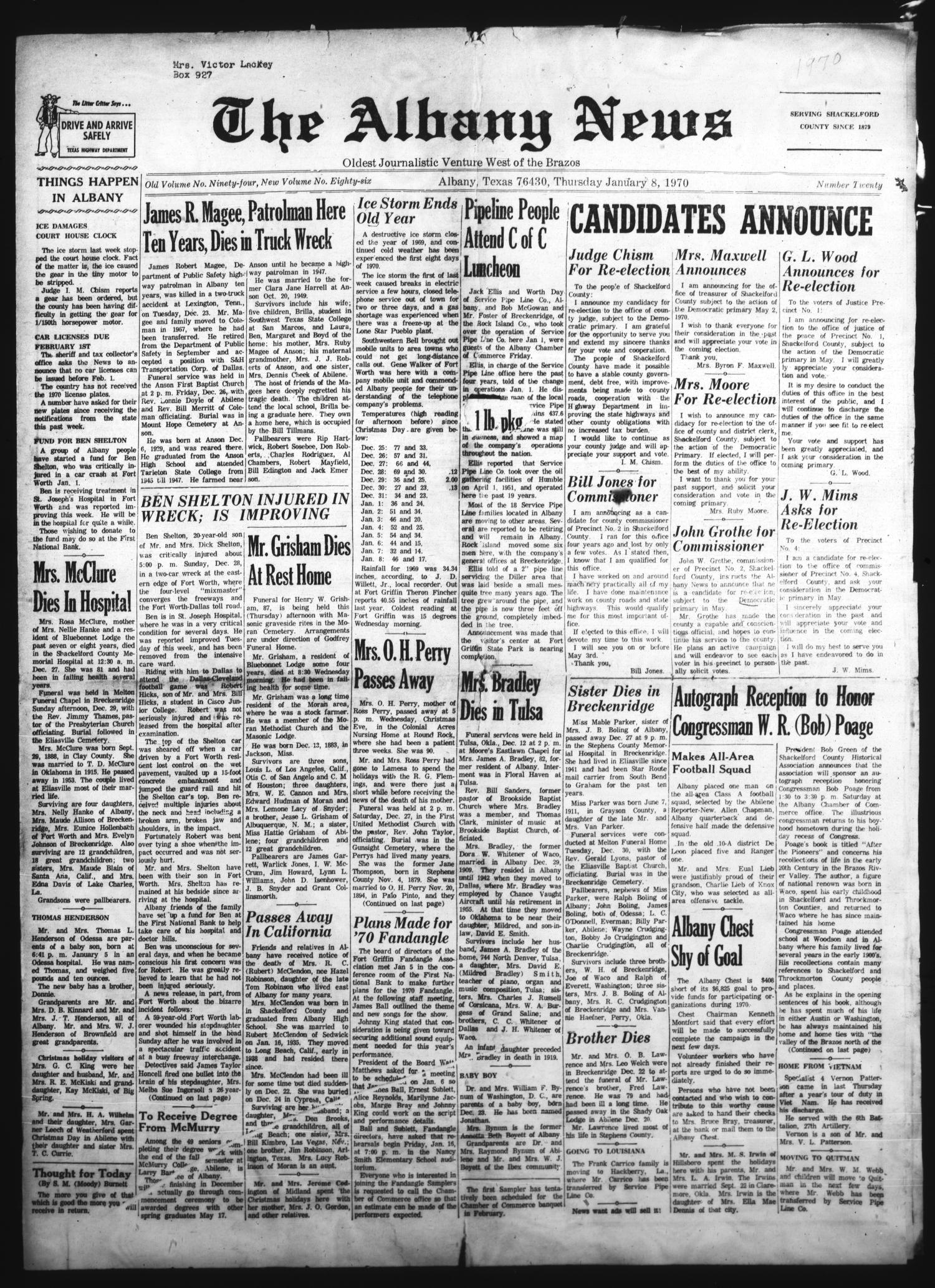 The Albany News (Albany, Tex.), Vol. 86, No. 20, Ed. 1 Thursday, January 8, 1970 The Portal to