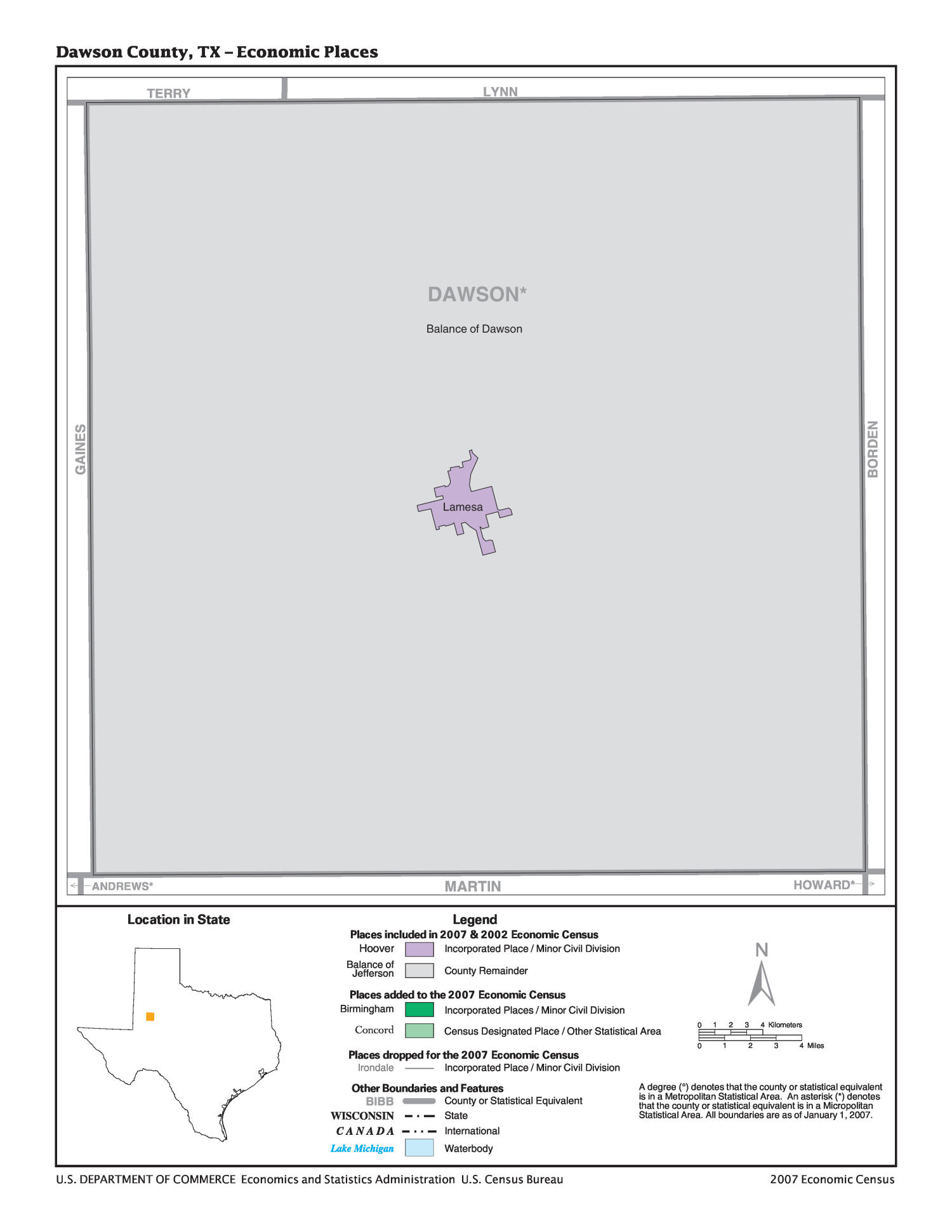 2007 Economic Census Map Dawson County, Texas Economic Places The