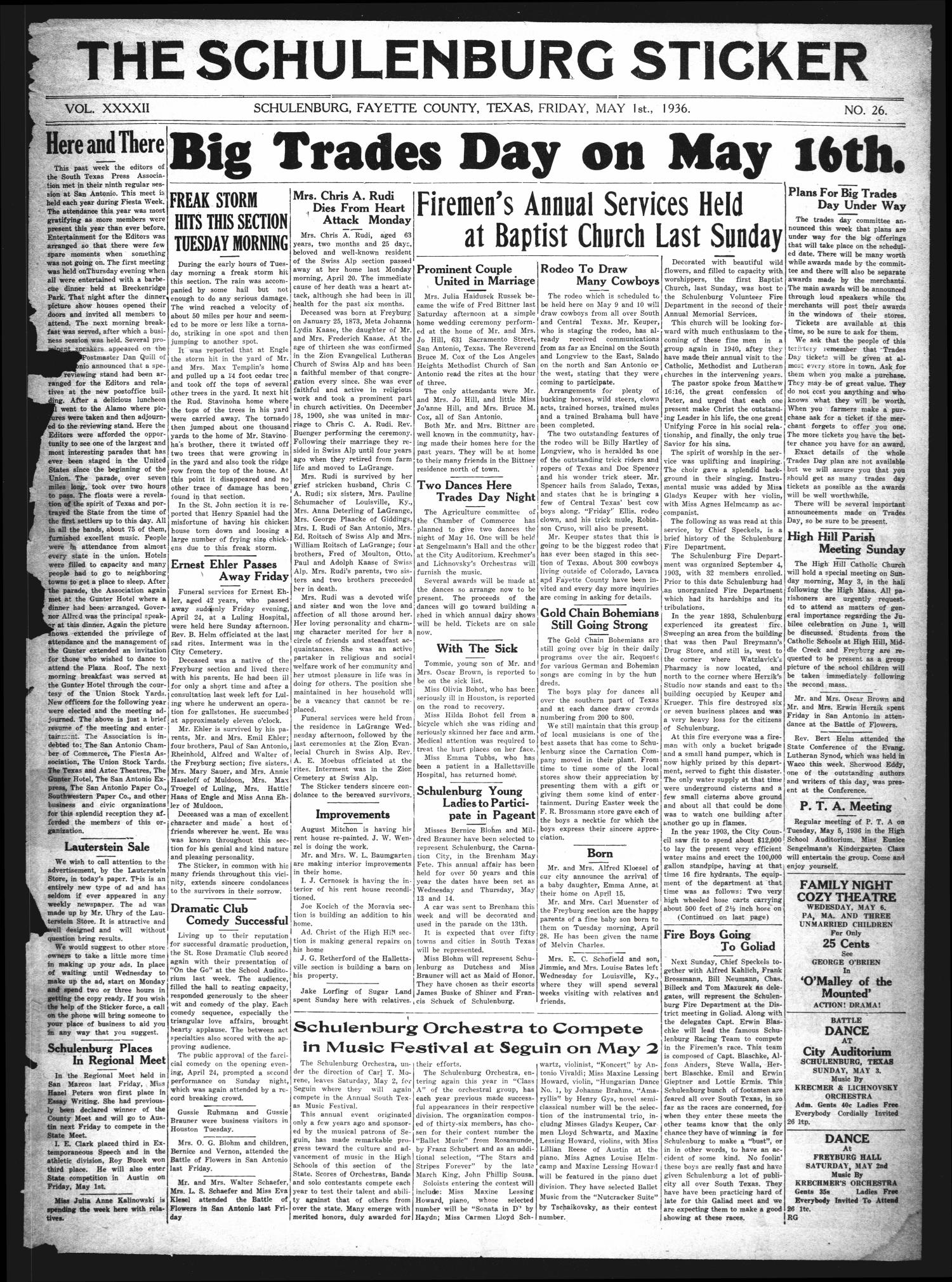 The Schulenburg Sticker (Schulenburg, Tex.), Vol. 42, No. 26, Ed. 1