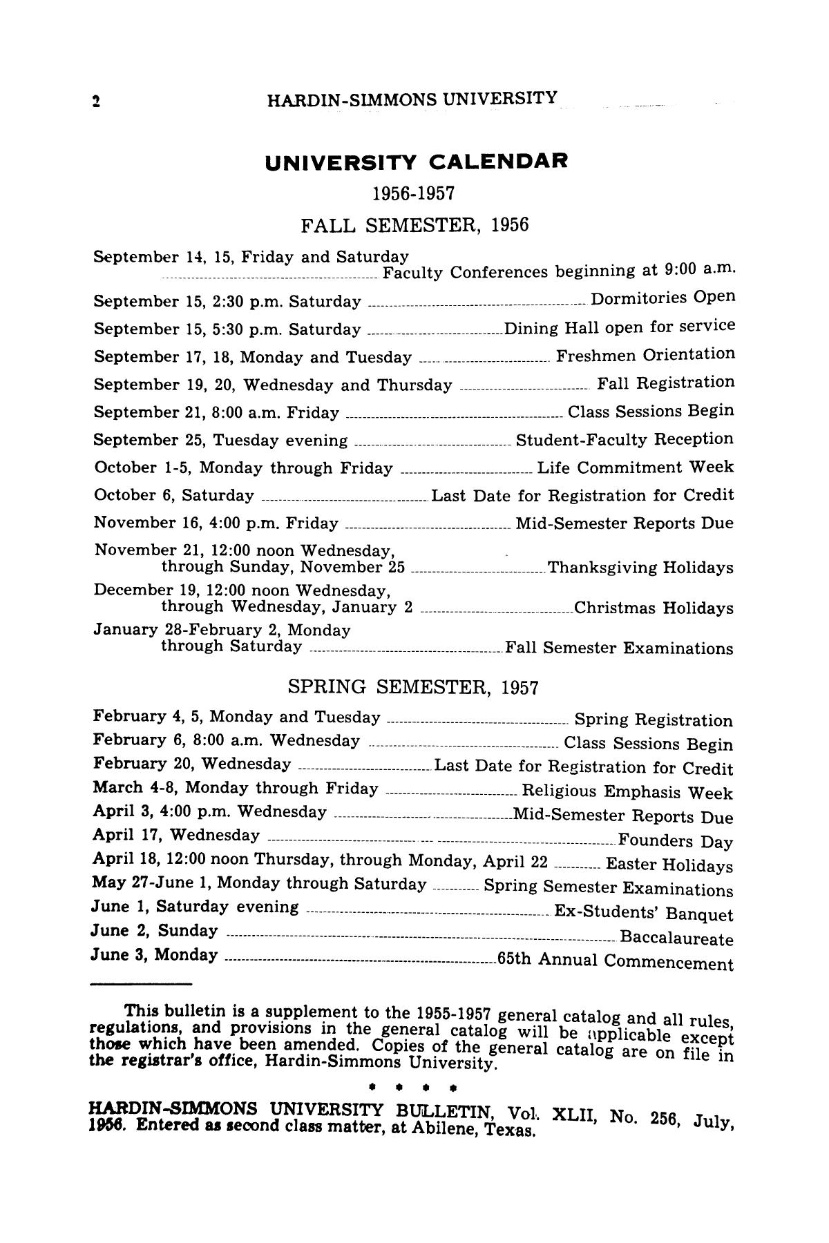 Catalog of HardinSimmons University, 19561957 Page 2 The Portal