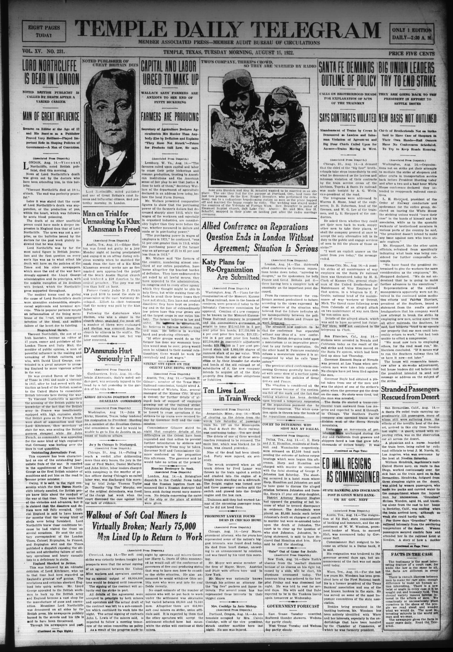 Temple Daily Telegram (Temple, Tex.), Vol. 15, No. 231, Ed. 1 Tuesday