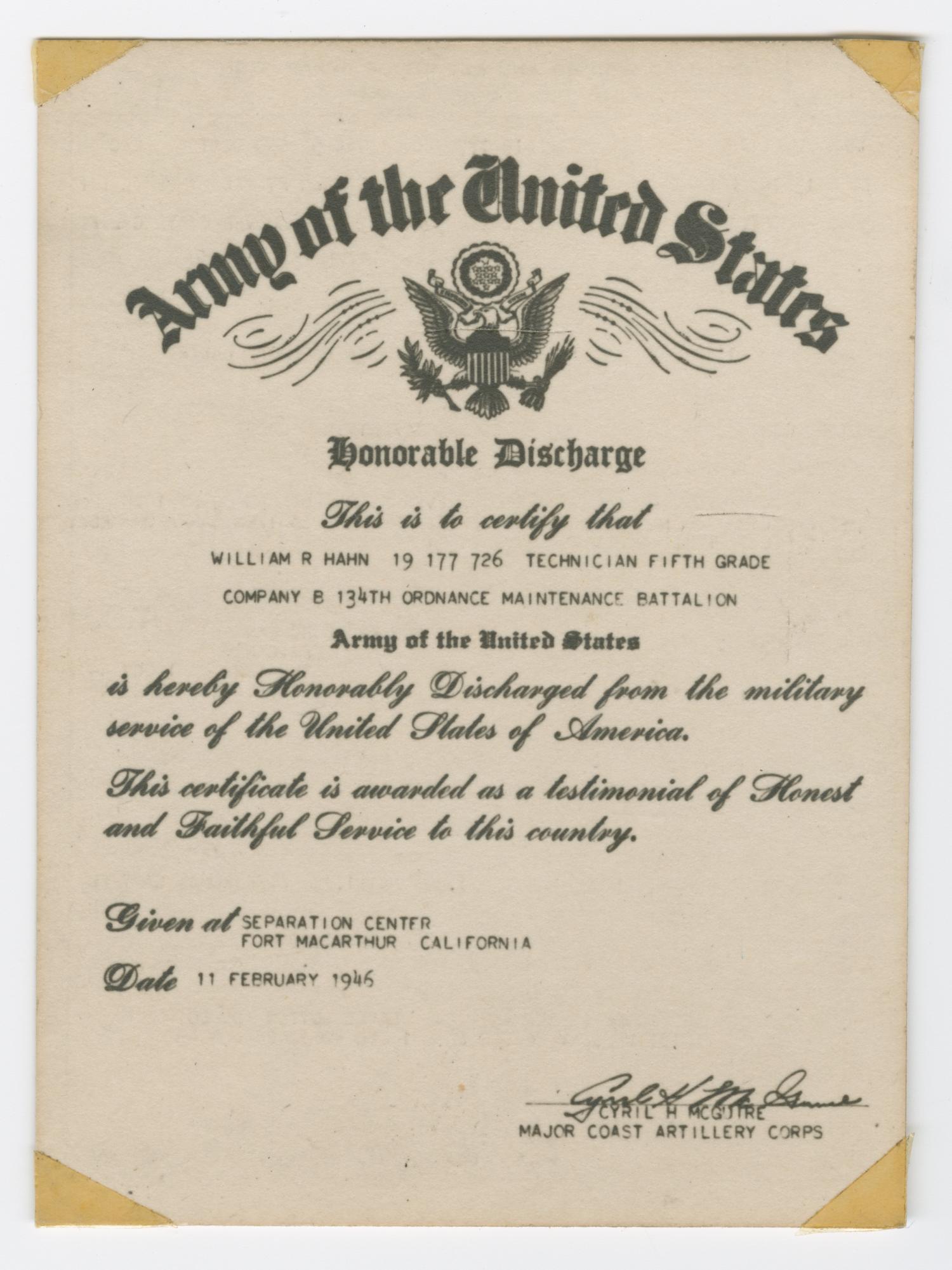 [William Hahn's Military Discharge Certificate] The Portal to Texas
