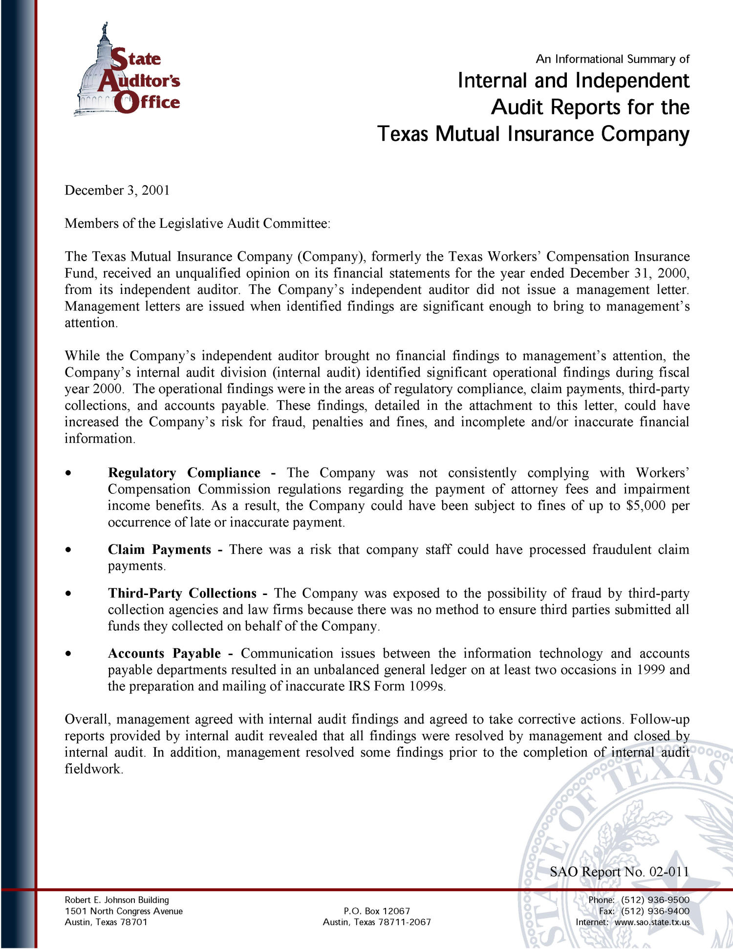 An Informational Summary of Internal and Independent Audit Reports for