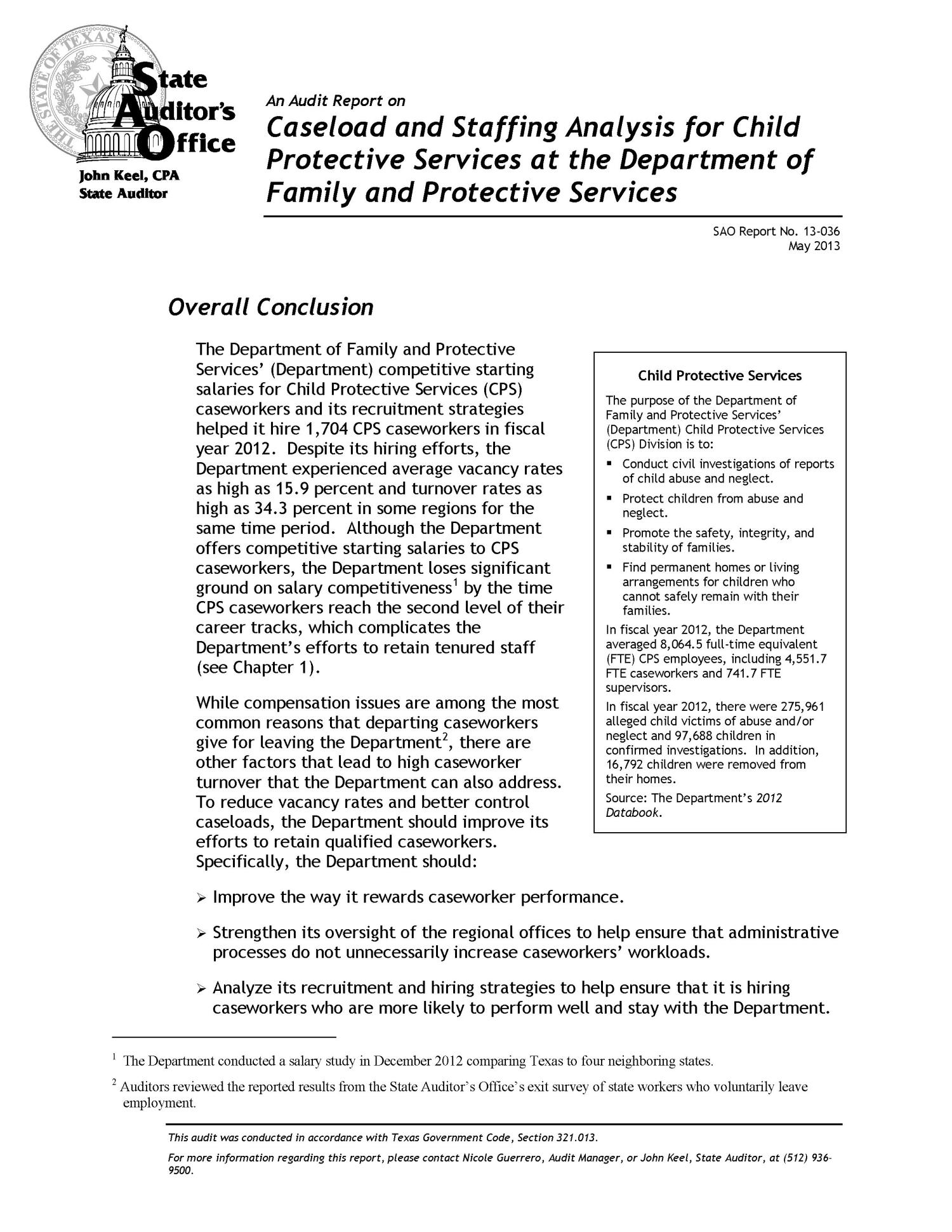 An Audit Report on Caseload and Staffing Analysis for Child Protective