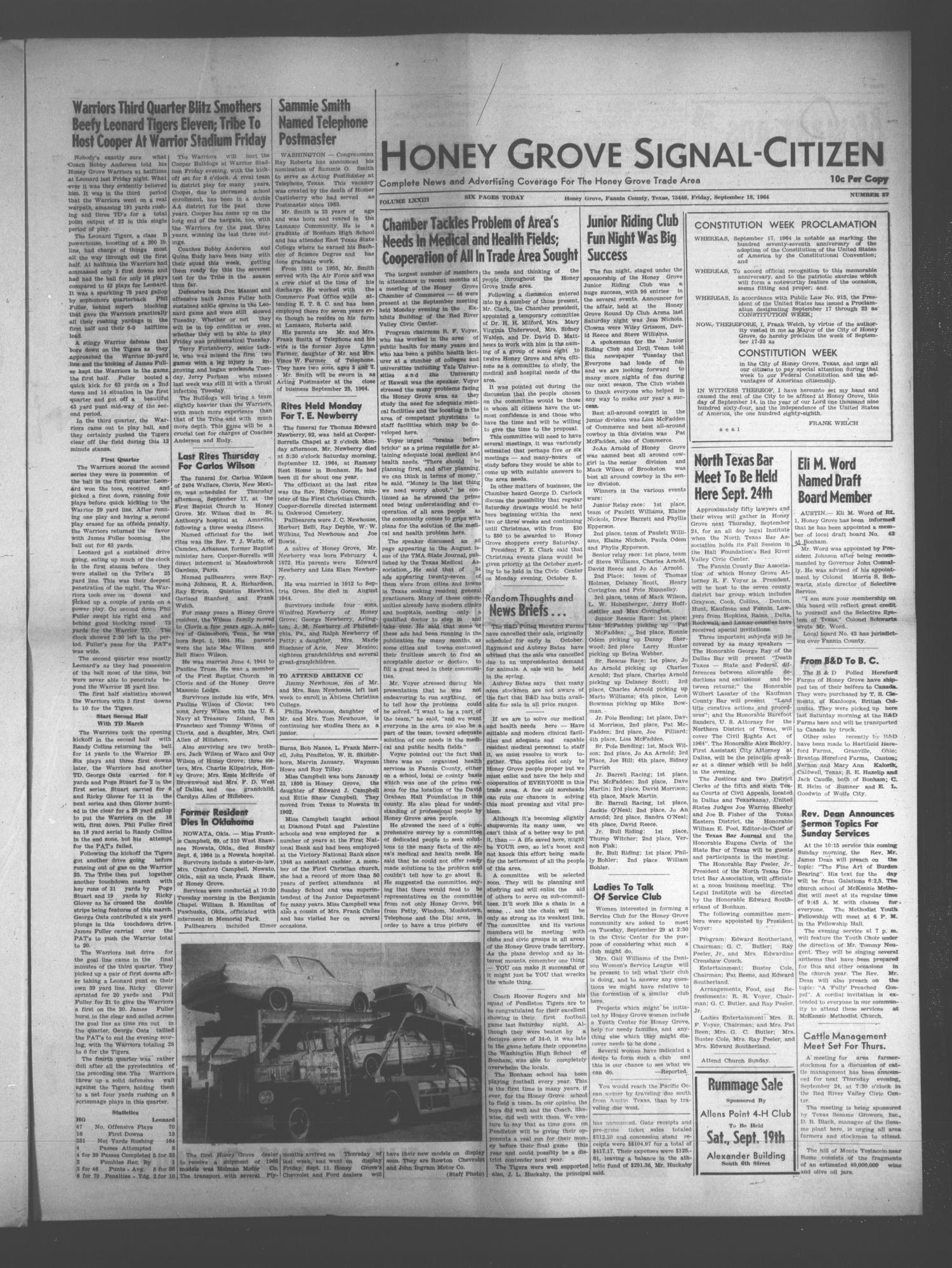 Honey Grove SignalCitizen (Honey Grove, Tex.), Vol. 73, No. 37, Ed. 1
