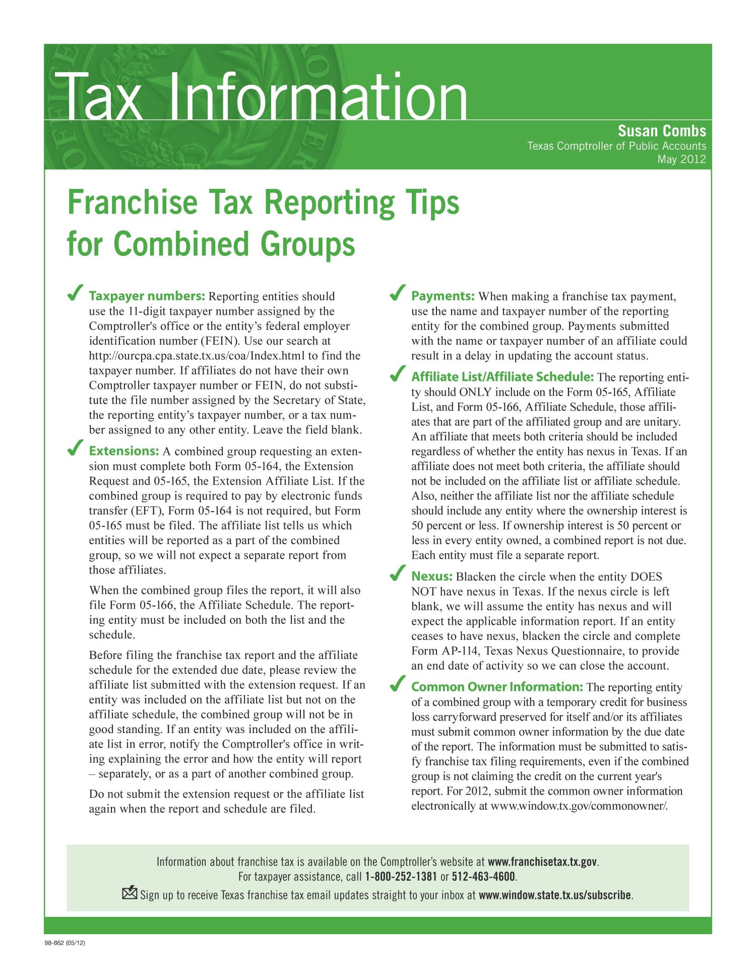Tax Information Franchise Tax Reporting Tips for Combined Groups