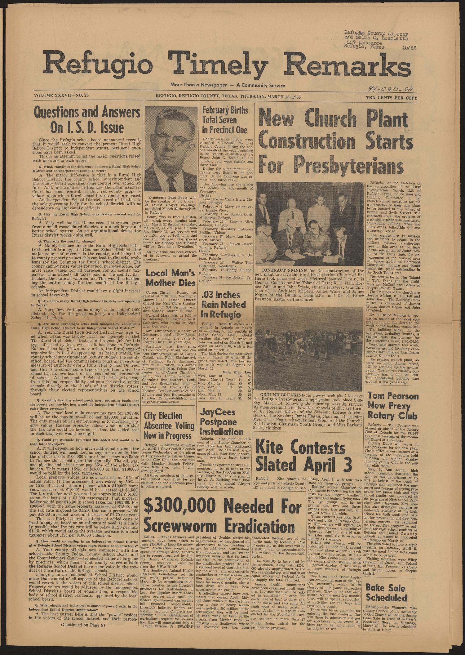 Refugio Timely Remarks (Refugio, Tex.), Vol. 37, No. 26, Ed. 1 Thursday