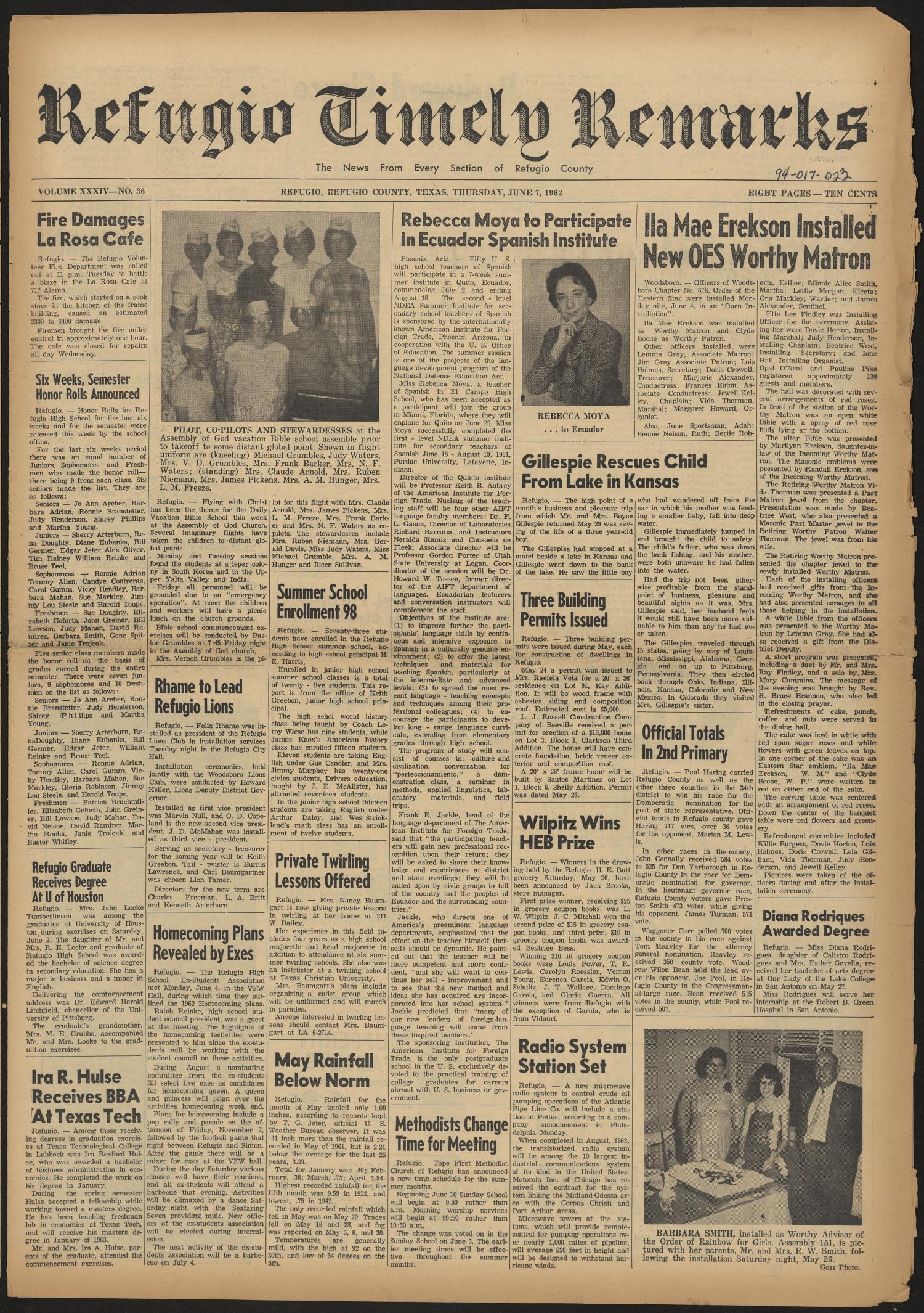 Refugio Timely Remarks (Refugio, Tex.), Vol. 34, No. 36, Ed. 1 Thursday