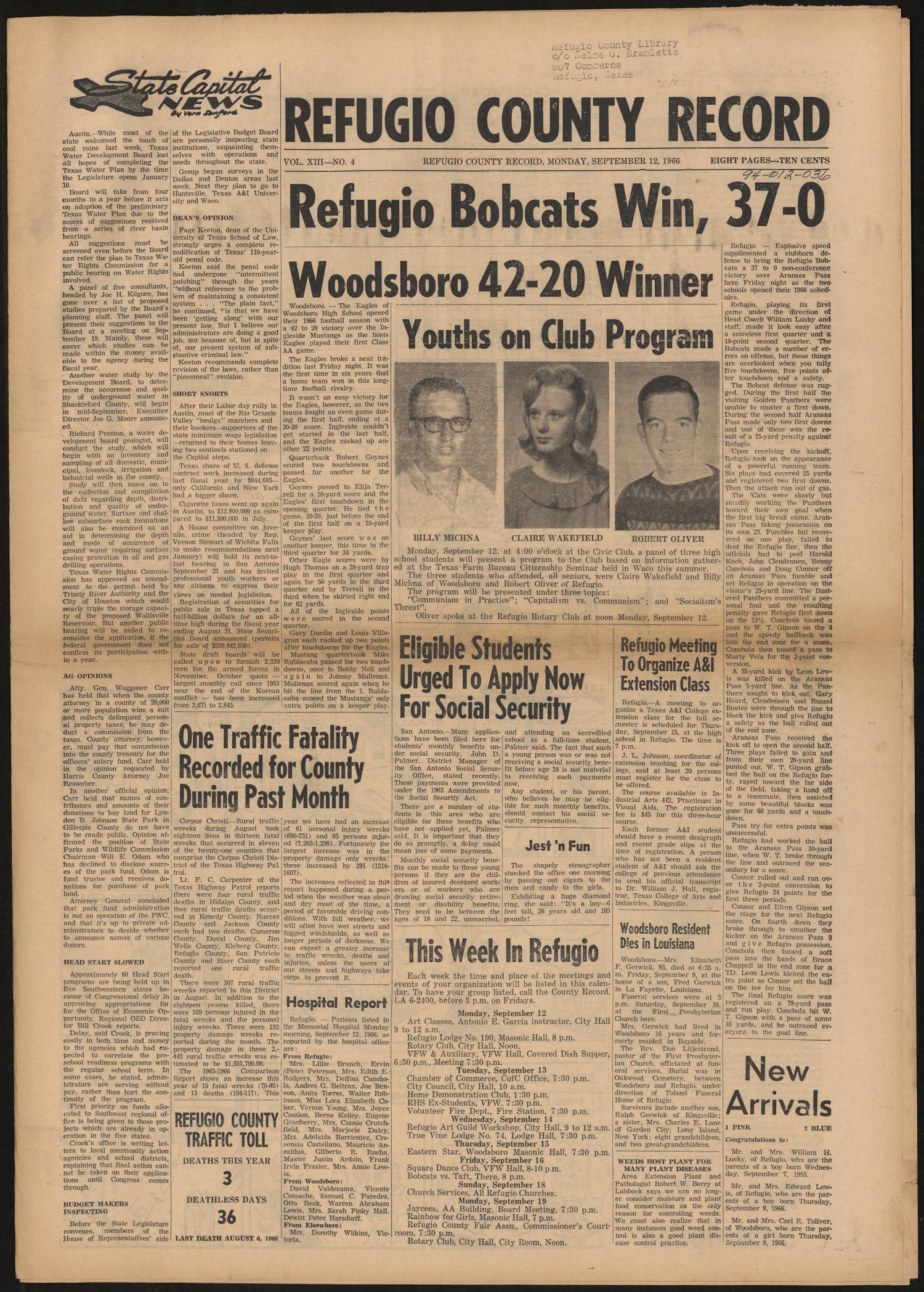 Refugio County Record (Refugio, Tex.), Vol. 12, No. 4, Ed. 1 Monday