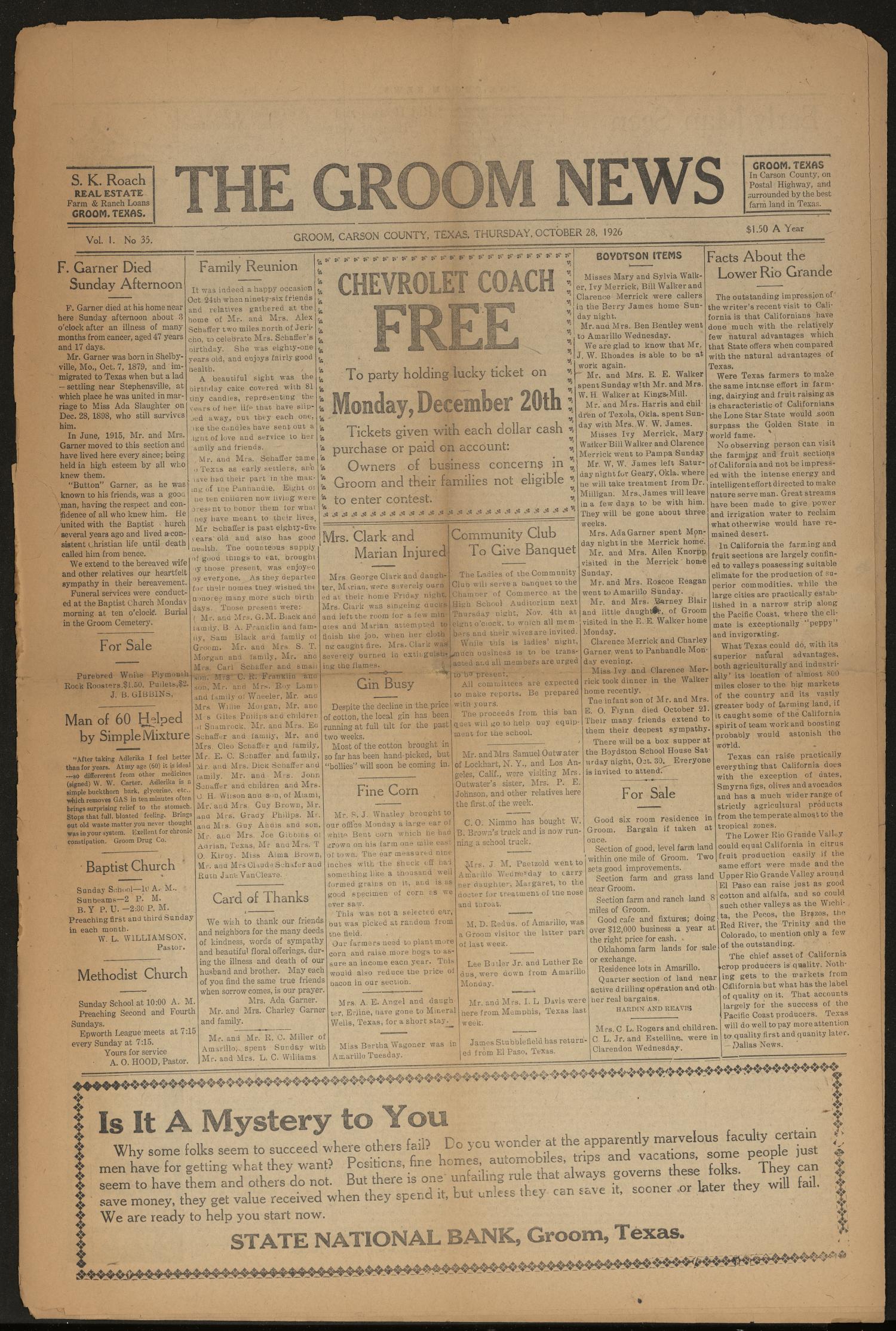 The Groom News (Groom, Tex.), Vol. 1, No. 35, Ed. 1 Thursday, October