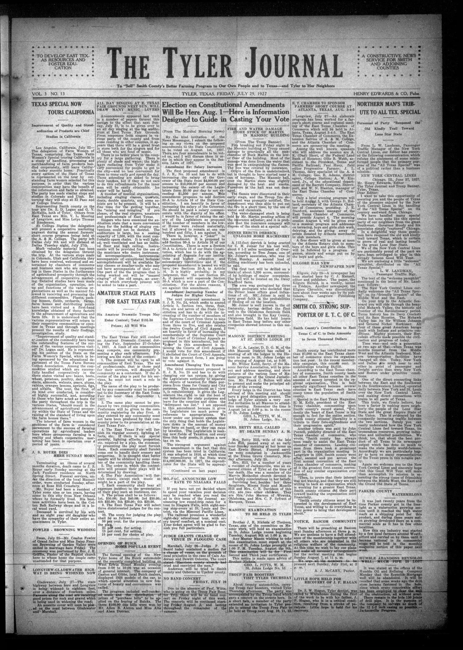 The Tyler Journal (Tyler, Tex.), Vol. 3, No. 13, Ed. 1 Friday, July 29, 1927 The Portal to