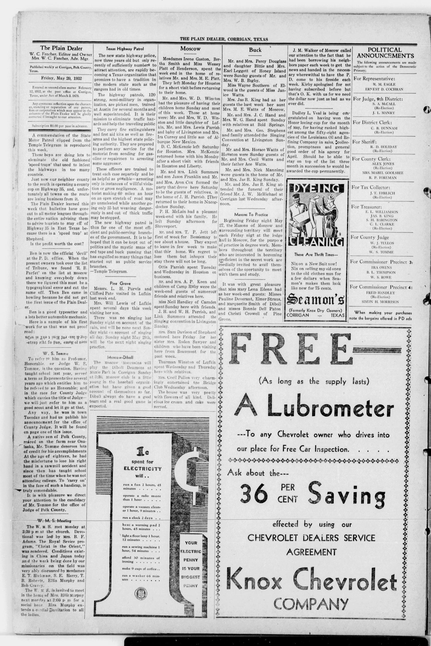 The Plain Dealer (Corrigan, Tex.), Vol. 1, No. 15, Ed. 1 Friday, May 20