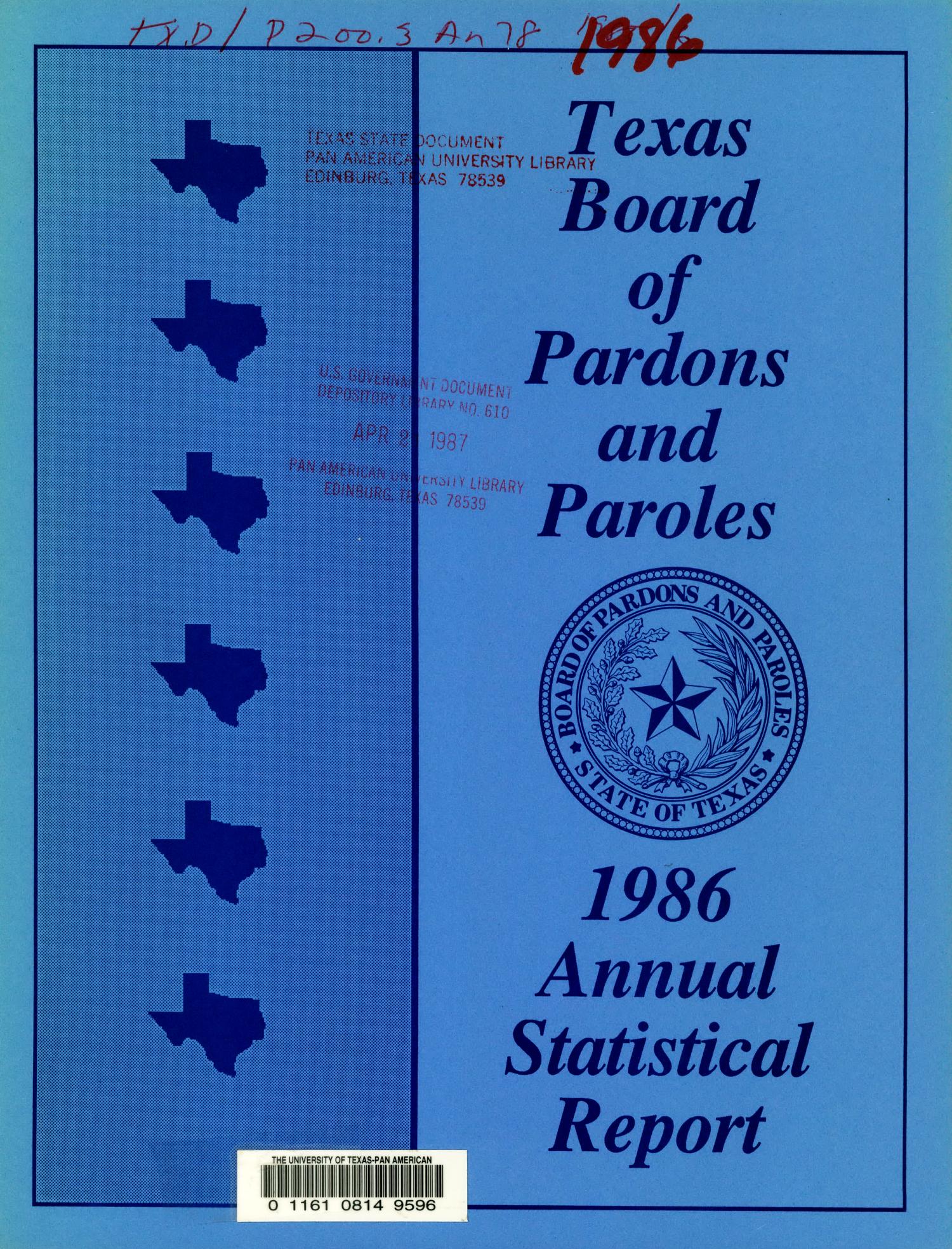 Texas Board of Pardons and Paroles Annual Statistical Report 1986
