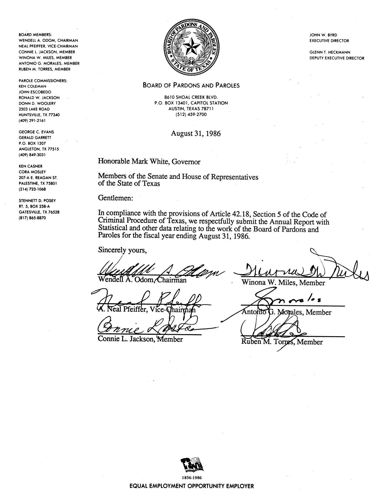 Texas Board of Pardons and Paroles Annual Statistical Report 1986