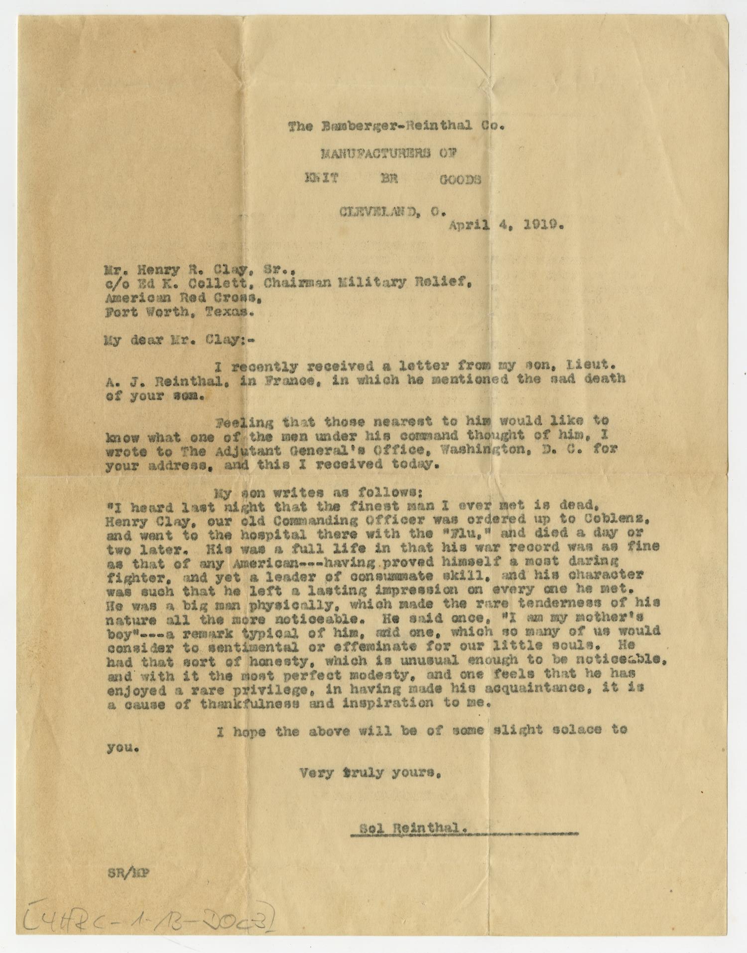 [Letter from Sol Reinthal to Henry Clay, Sr., April 4, 1919] Page 1