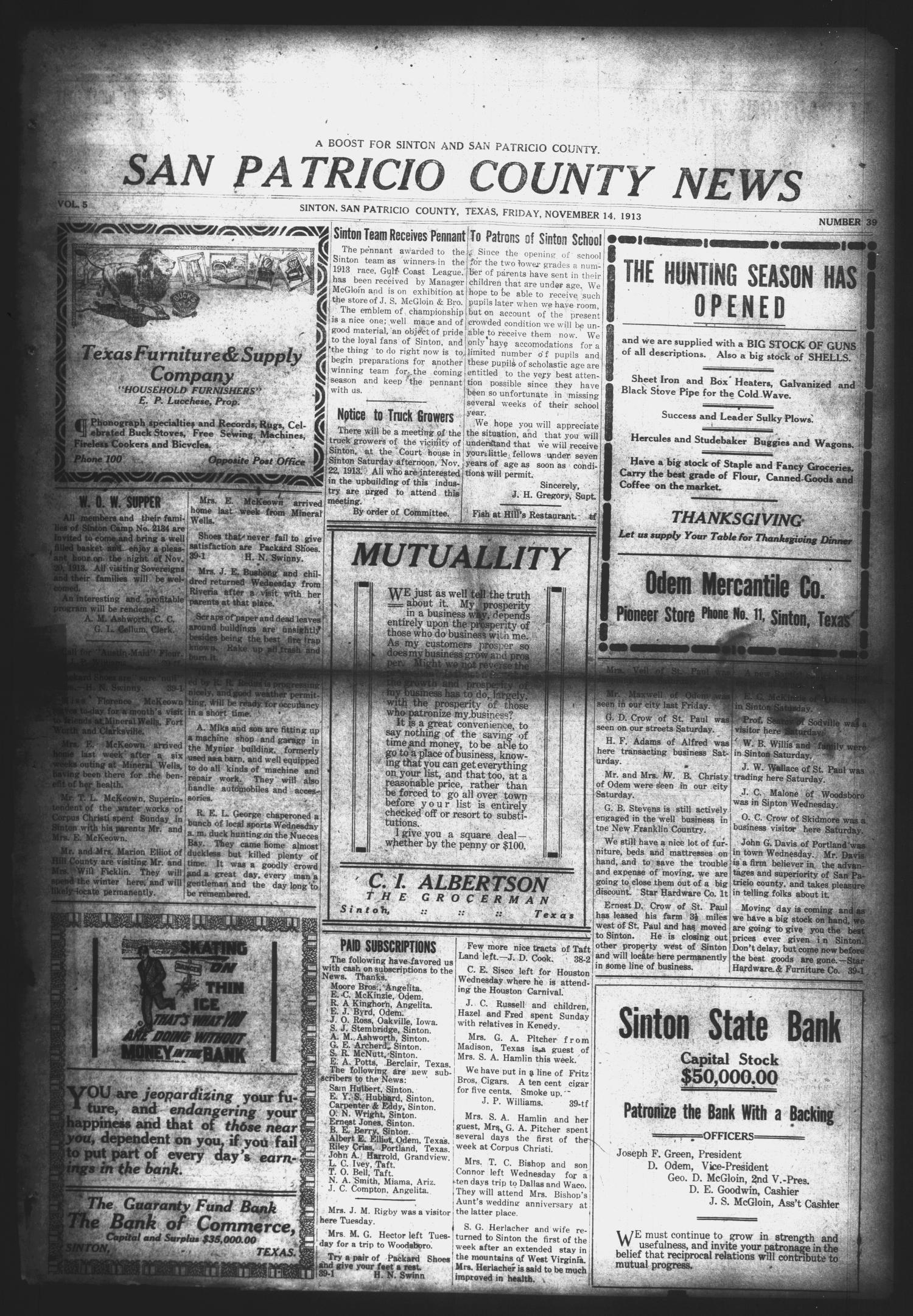 San Patricio County News (Sinton, Tex.), Vol. 5, No. 39, Ed. 1 Friday