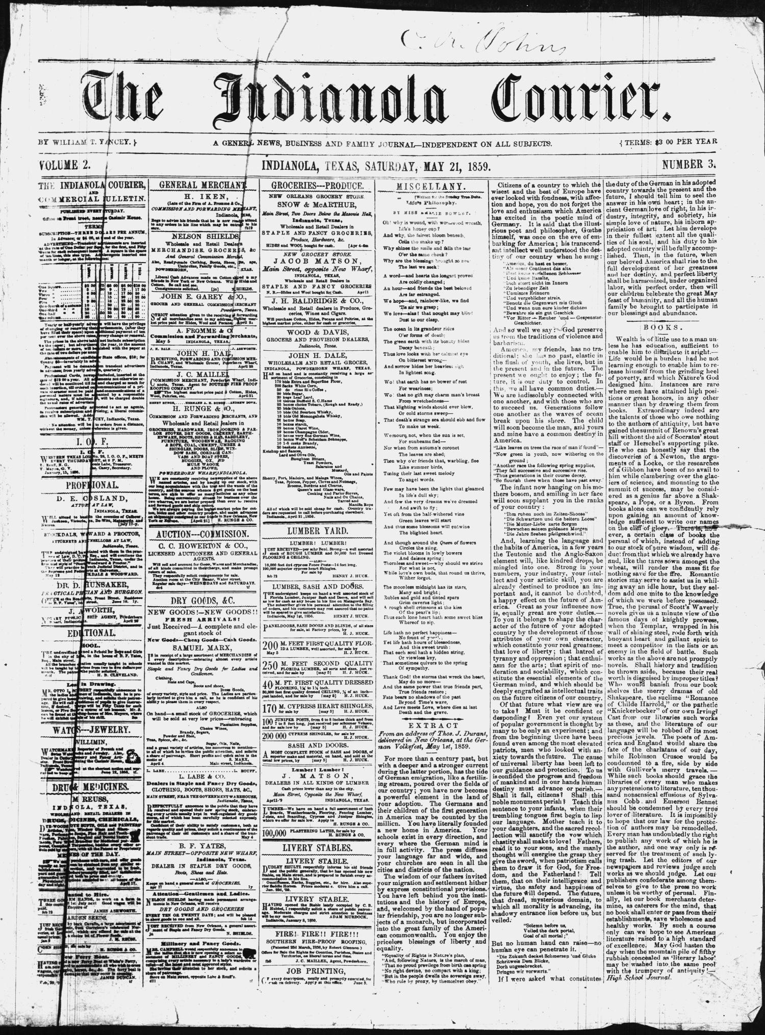 The Indianola Courier. (Indianola, Tex.), Vol. 2, No. 3, Ed. 1 Saturday, May 21, 1859 Page 1
