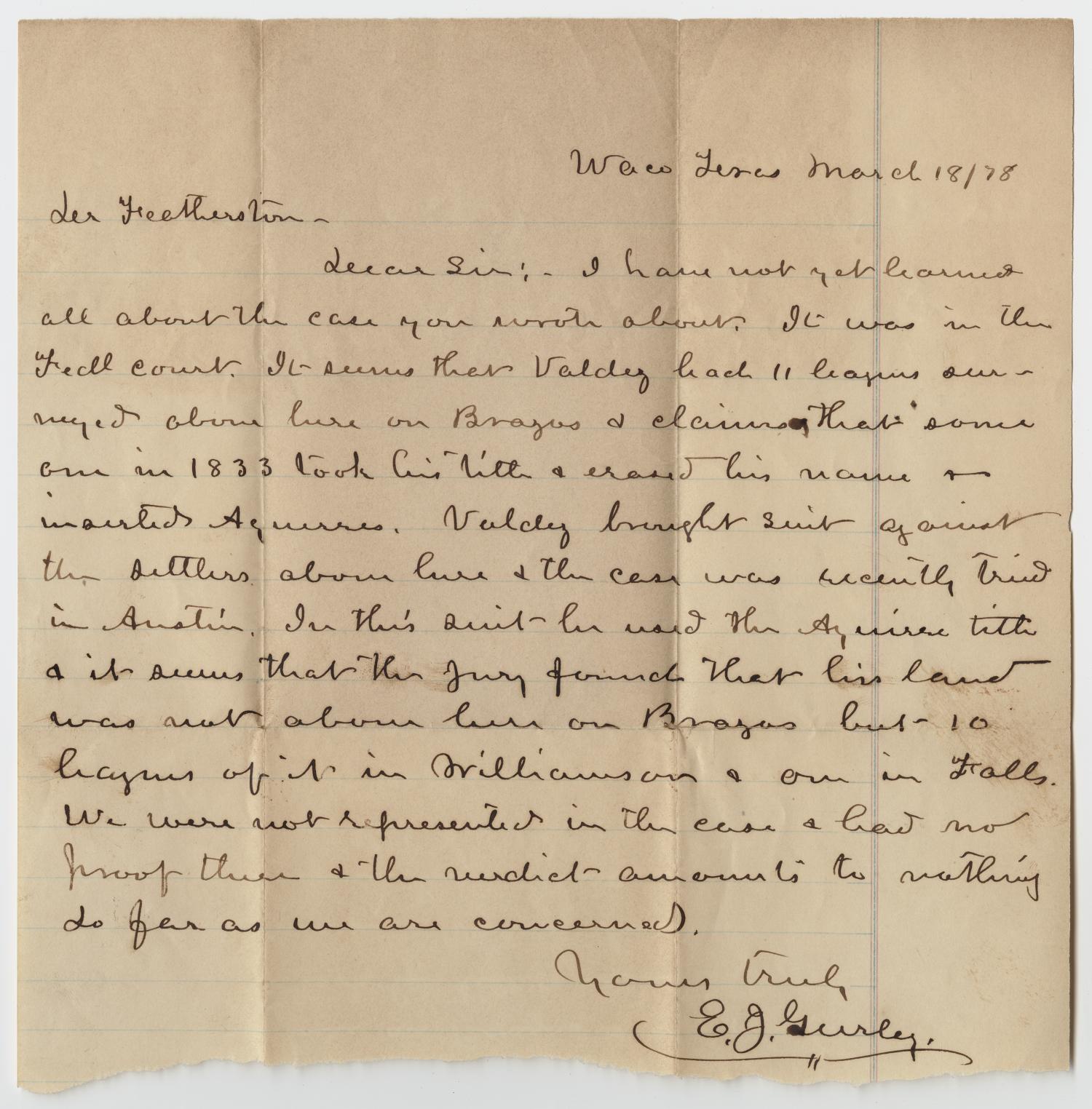 [Letter from E.J. Gurley to Mr. Featherstone March 18, 1878] The