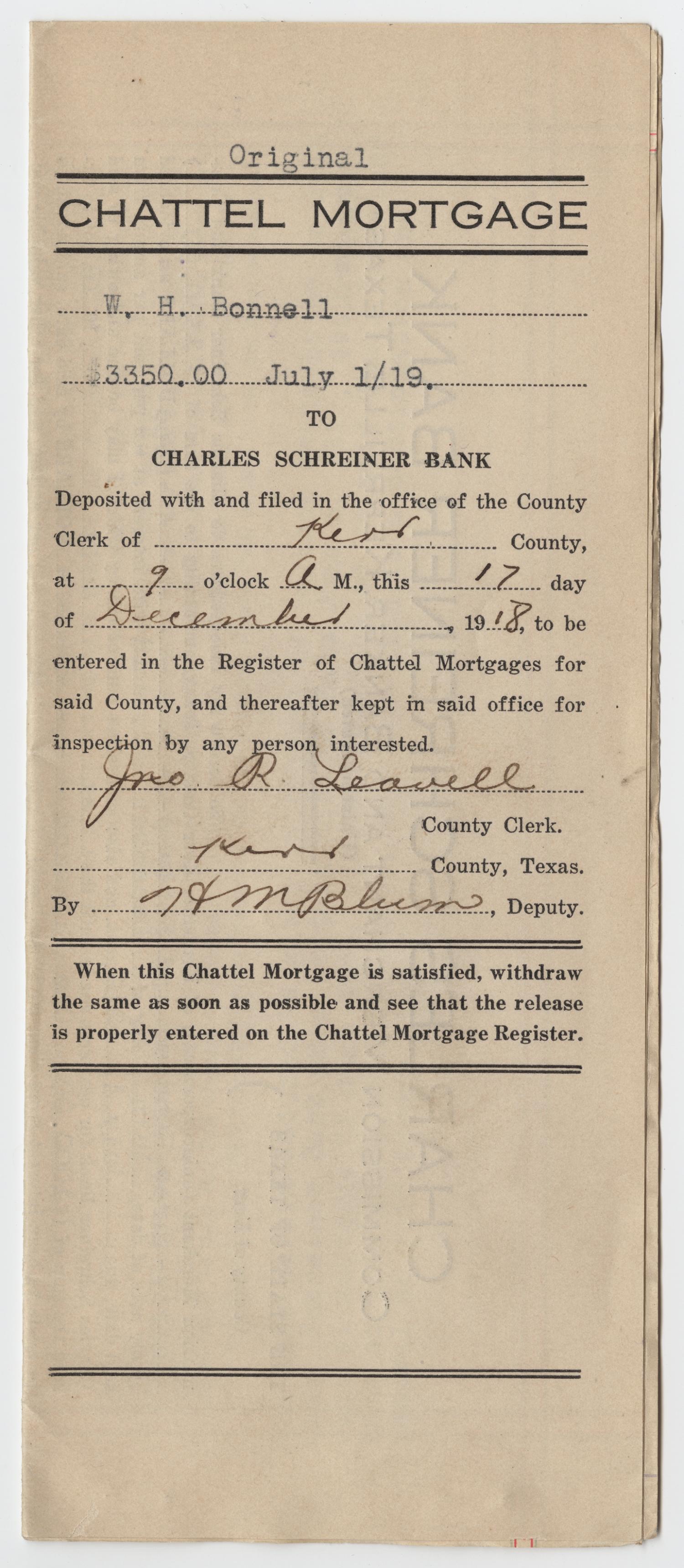 [Chattel Mortgage Agreement Between W. H. Bonnell and Charles Schreiner