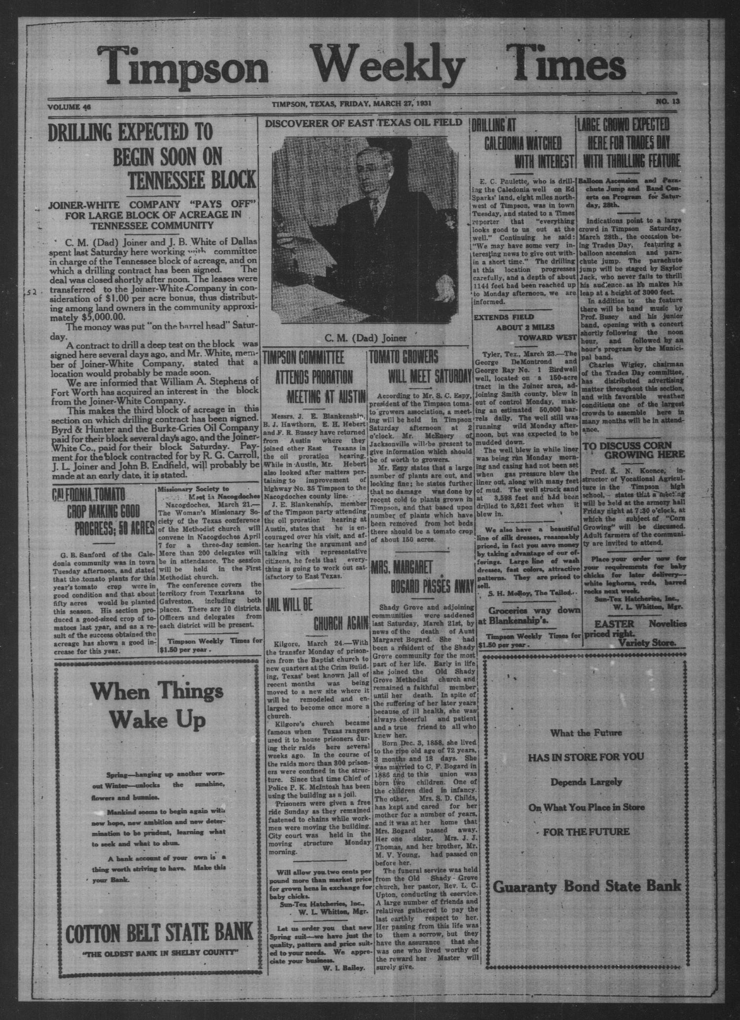 Timpson Weekly Times (Timpson, Tex.), Vol. 46, No. 13, Ed. 1 Friday