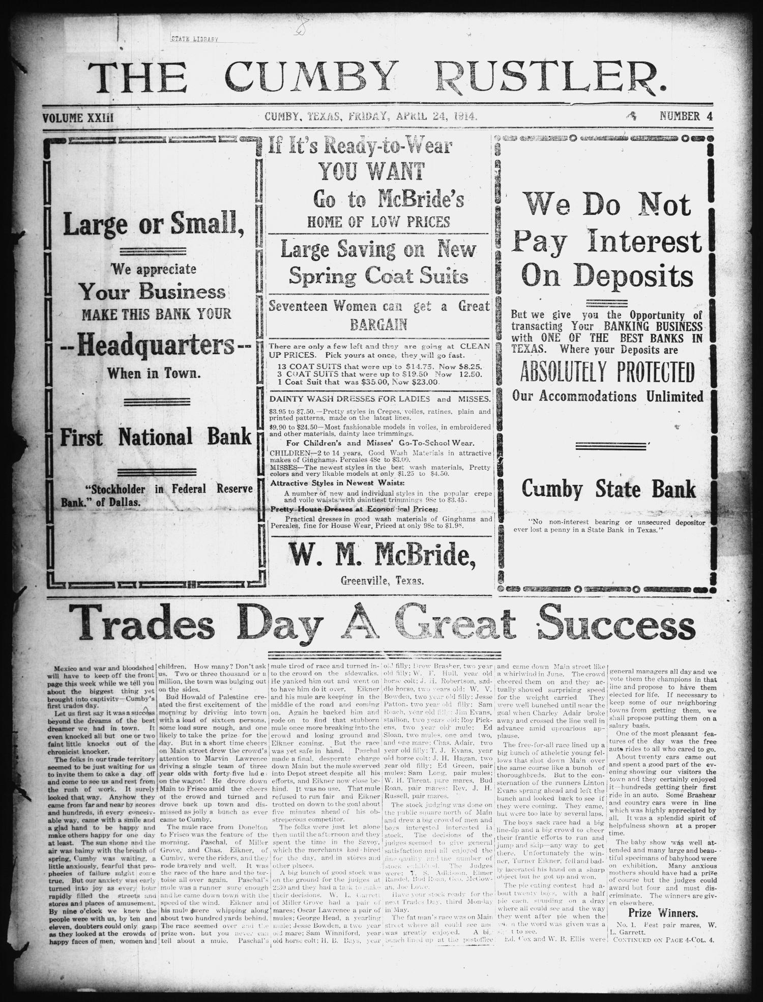 The Cumby Rustler. (Cumby, Tex.), Vol. 23, No. 4, Ed. 1 Friday, April