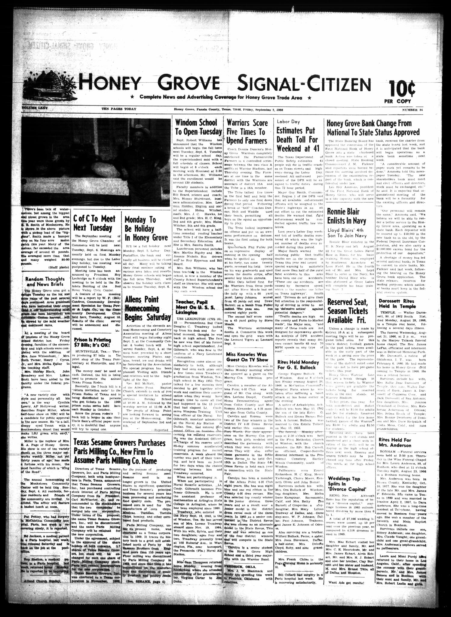 Honey Grove SignalCitizen (Honey Grove, Tex.), Vol. 75, No. 34, Ed. 1