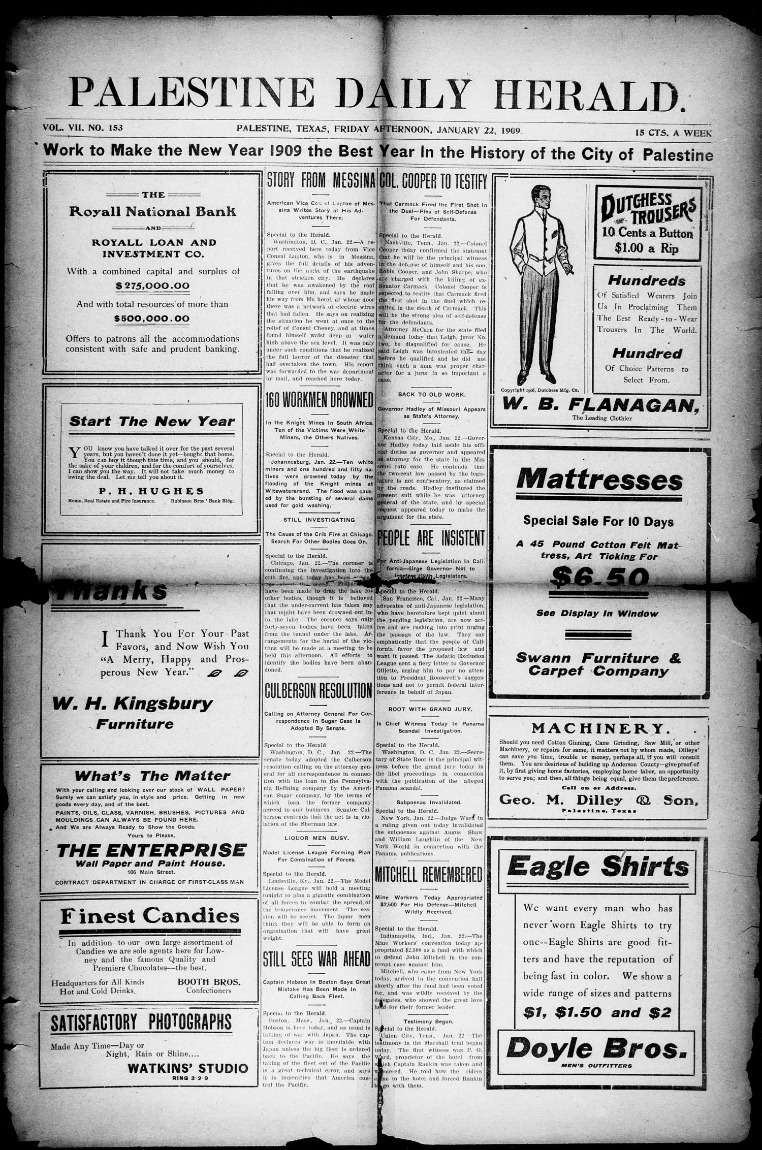 Palestine Daily Herald (Palestine, Tex.), Vol. 7, No. 153, Ed. 1, Friday, January 22, 1909