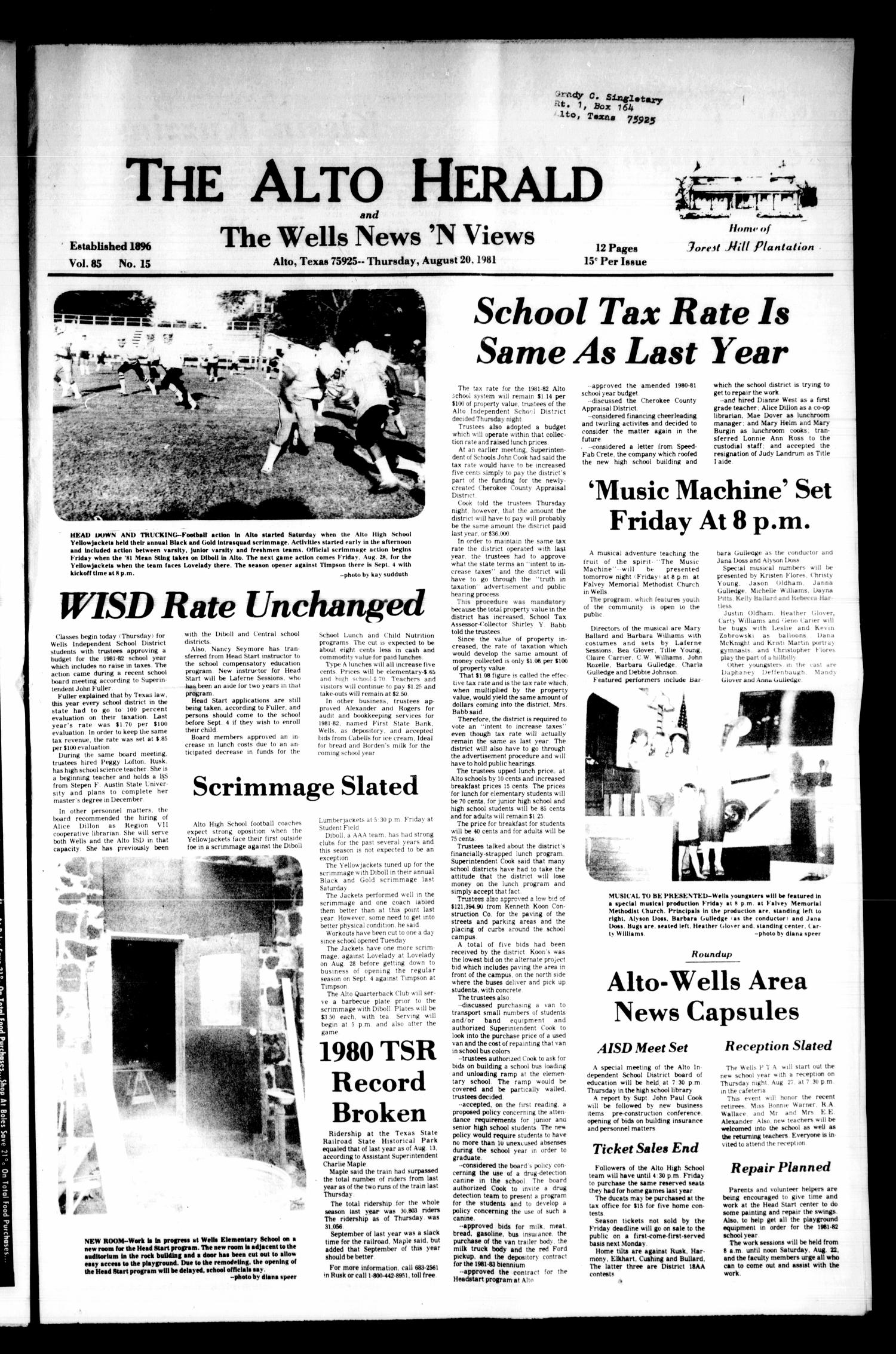 The Alto Herald and The Wells News 'N Views (Alto, Tex.), Vol. 85, No