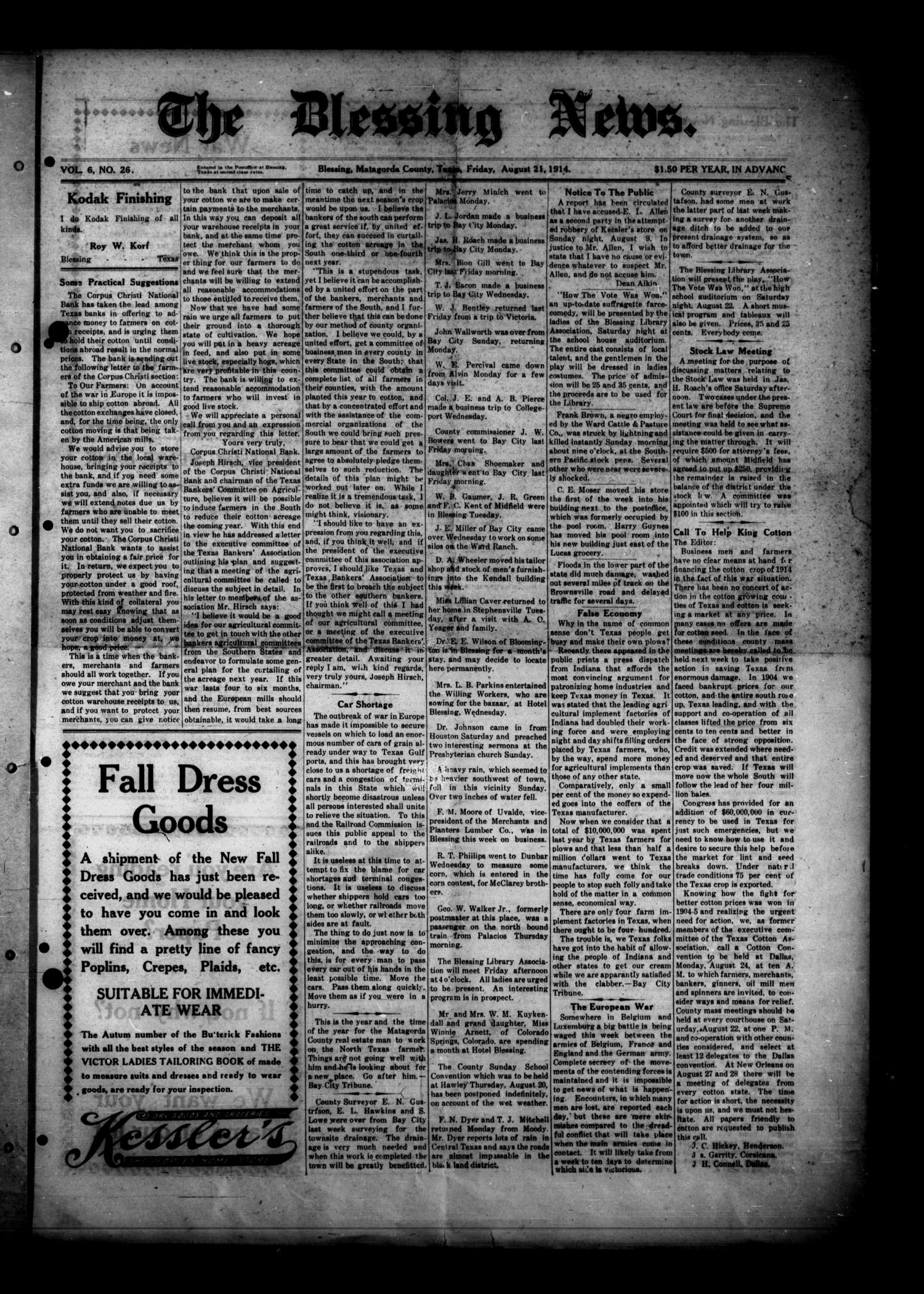 The Blessing News. (Blessing, Tex.), Vol. 6, No. 26, Ed. 1 Friday