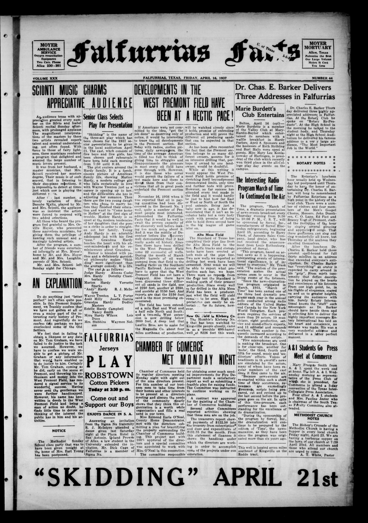 Falfurrias Facts (Falfurrias, Tex.), Vol. 30, No. 44, Ed. 1 Friday, April 16, 1937 Page 1 of