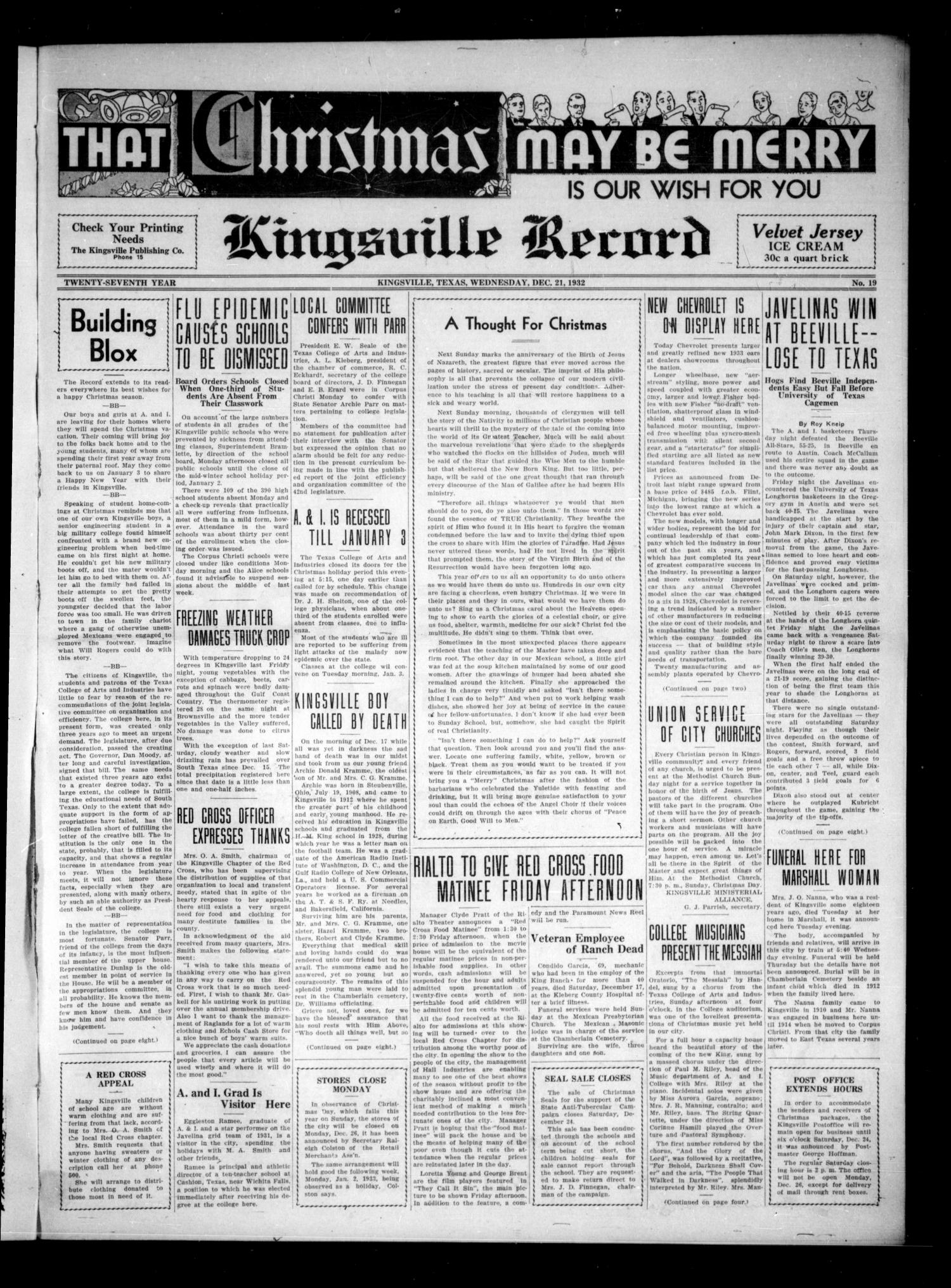 Kingsville Record (Kingsville, Tex.), Vol. 27, No. 19, Ed. 1 Wednesday(01)