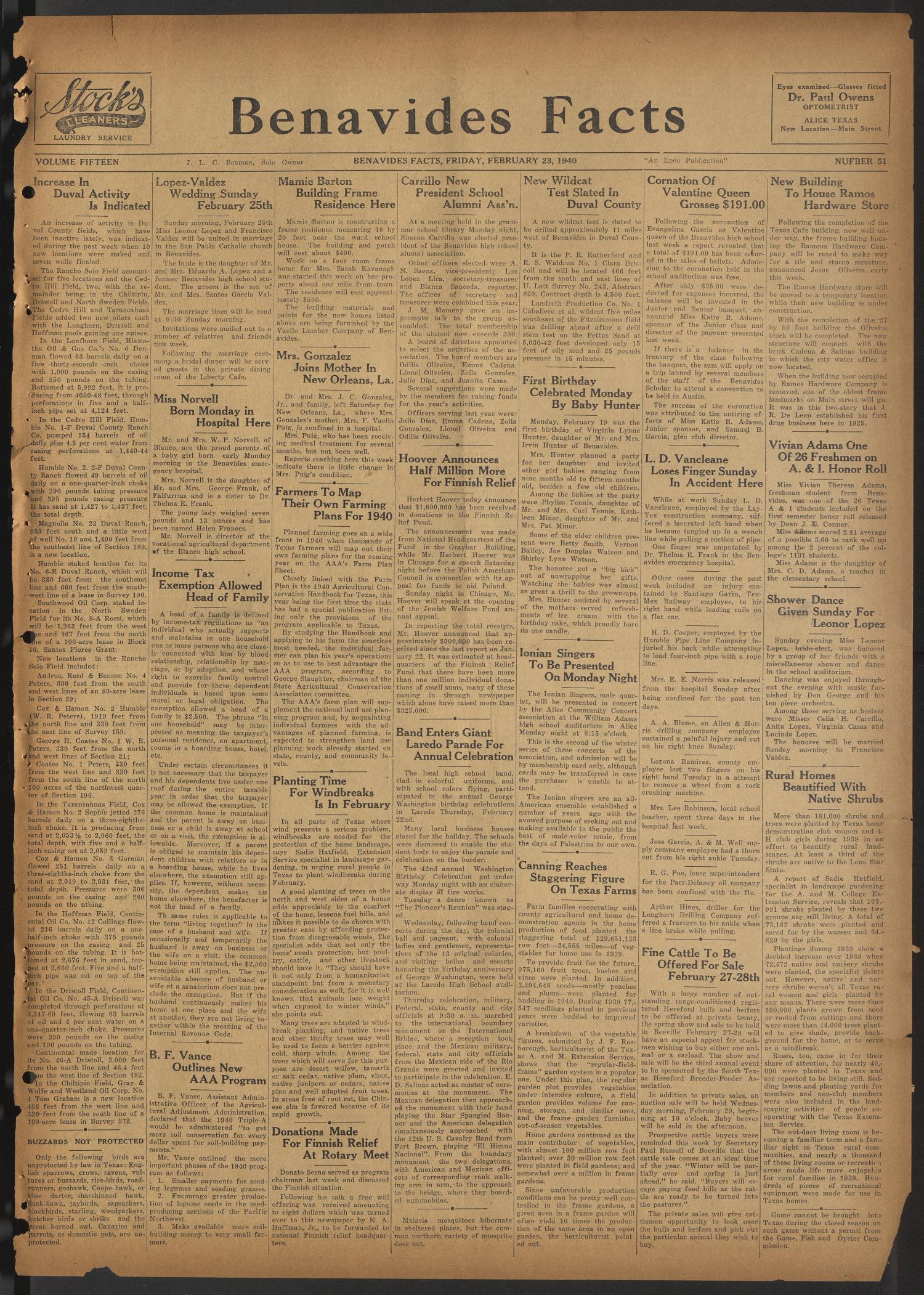 Benavides Facts (Benavides, Tex.), Vol. 15, No. 51, Ed. 1 Friday