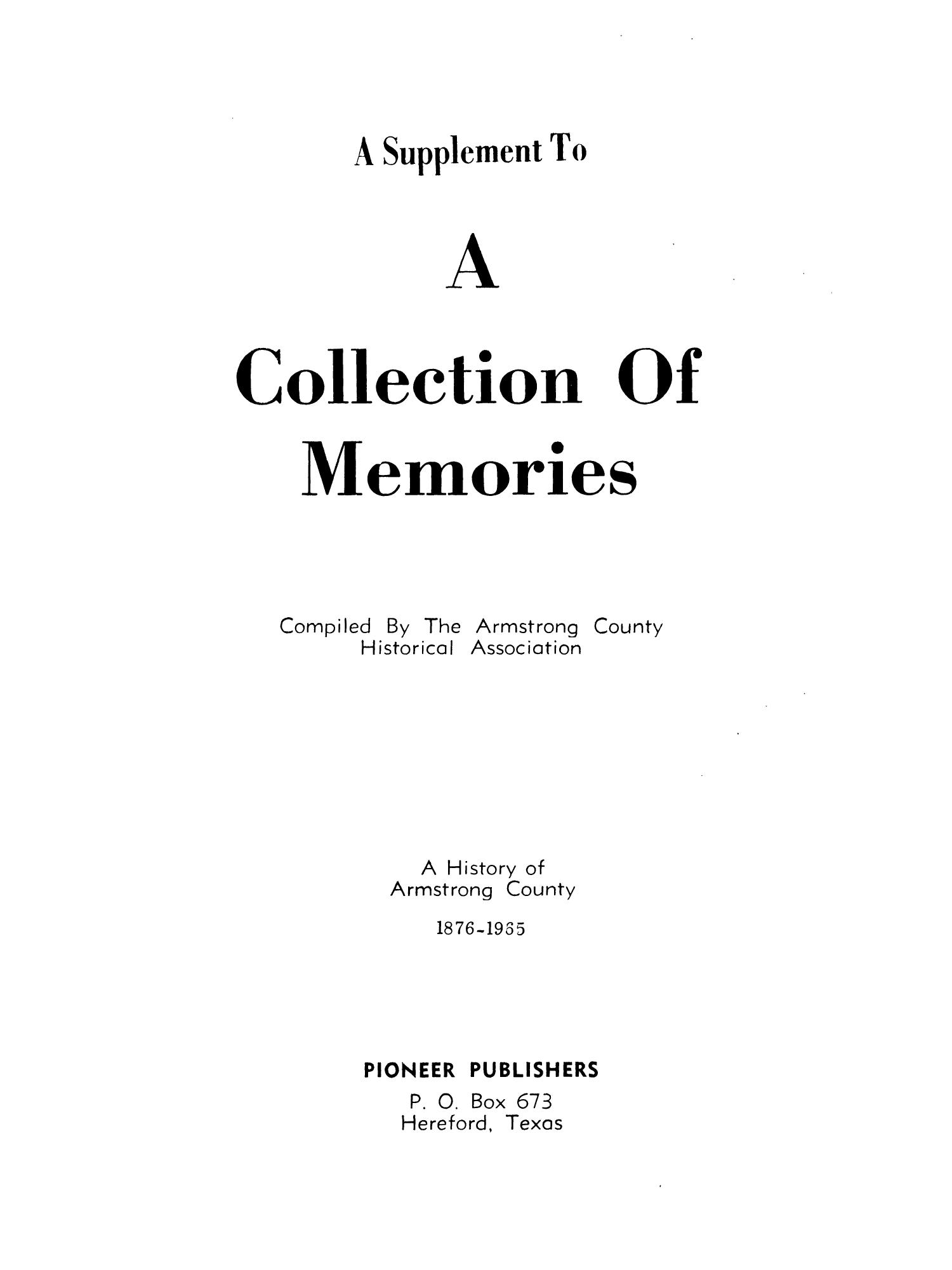 A Supplement To A Collection of Memories A History of Armstrong County
