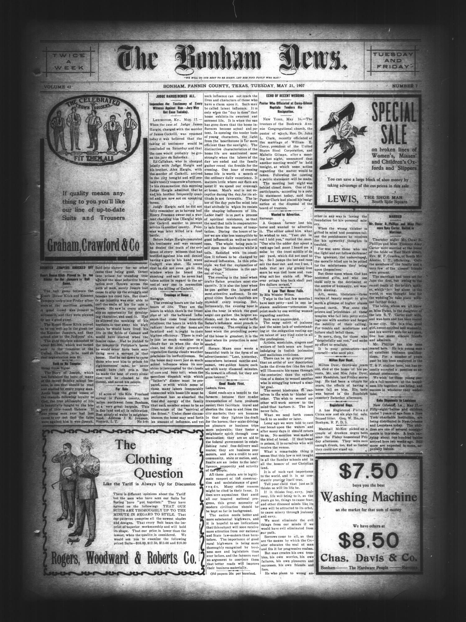 The Bonham News. (Bonham, Tex.), Vol. 42, No. 7, Ed. 1 Tuesday, May 21