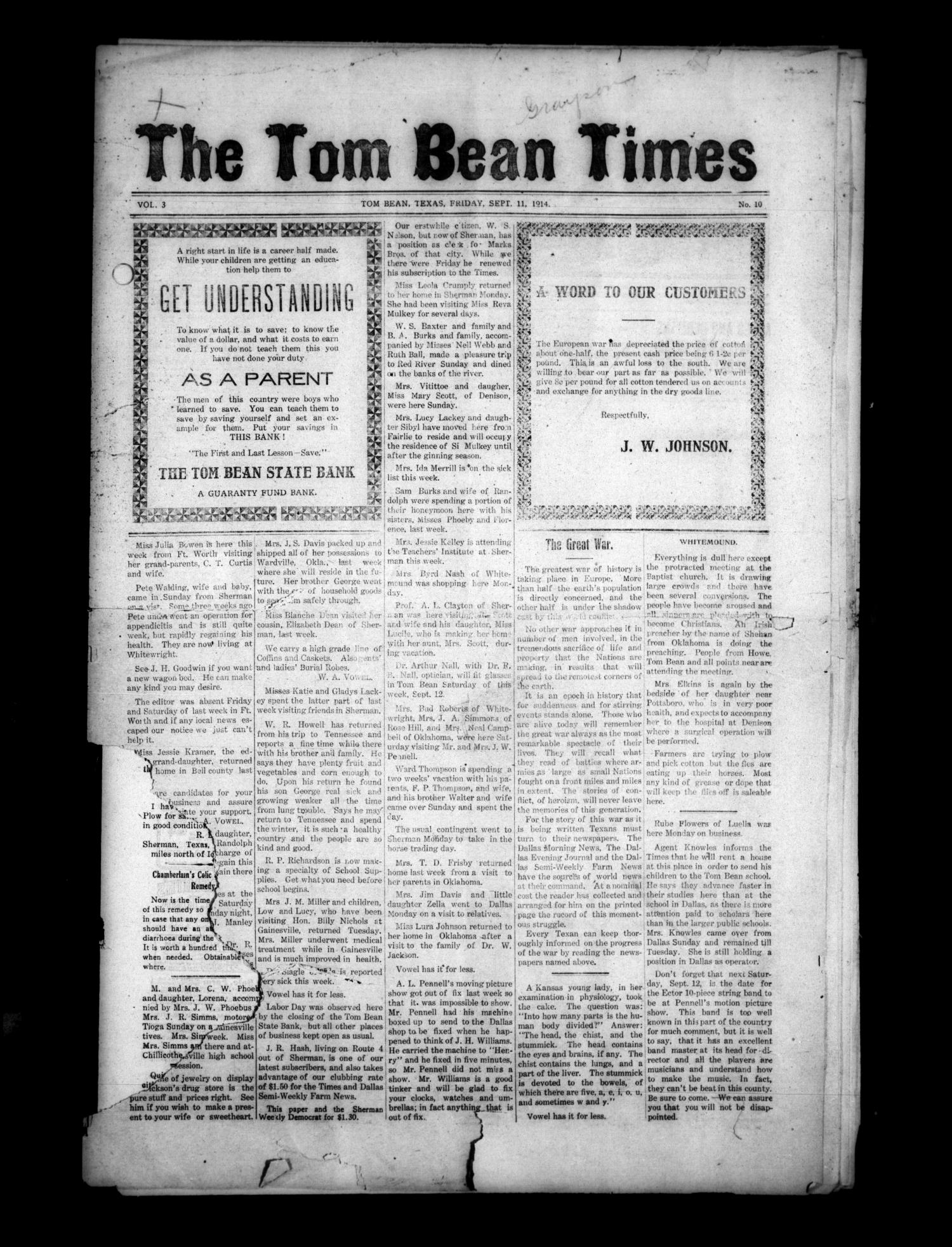 The Tom Bean Times (Tom Bean, Tex.), Vol. 3, No. 10, Ed. 1 Friday